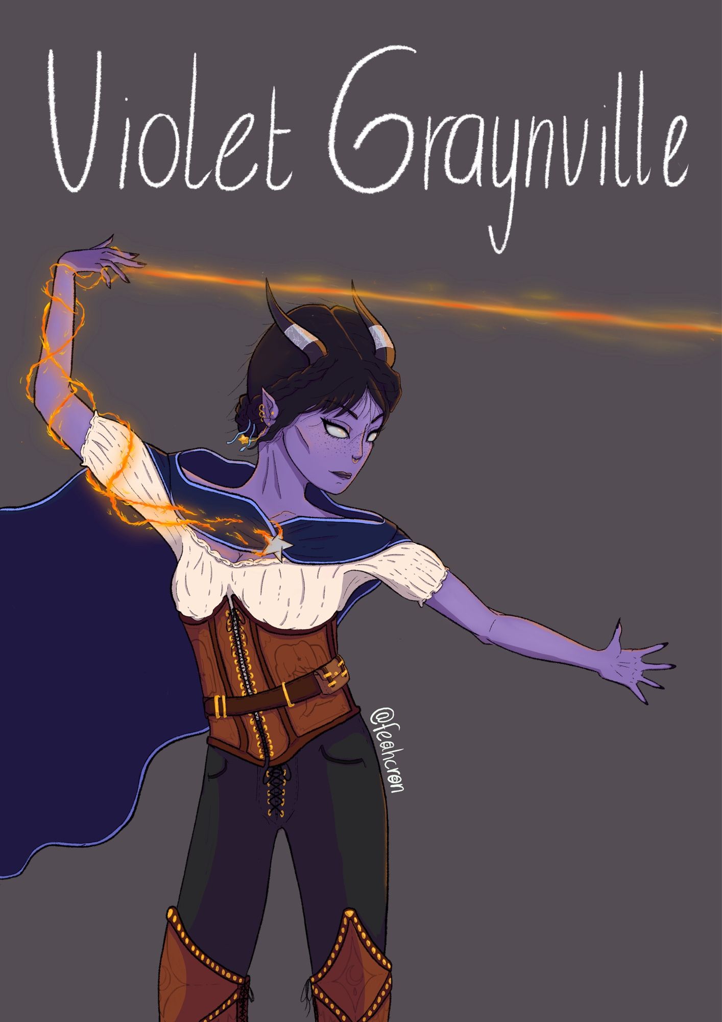 A purple, female tiefling sorcerer shooting a beam of fire from her right hand. She wears a dark blue cloak, a blouse, black pants and brown leather corset and boots. Above her is the text “Violet Graynville”