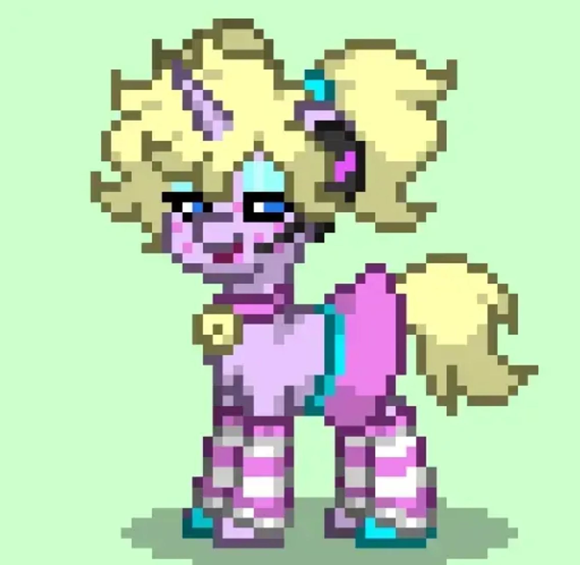 a pony from pony town in pixel art style, wearing striped stockings and with a gamer headset. she's blonde and has very puffy hair