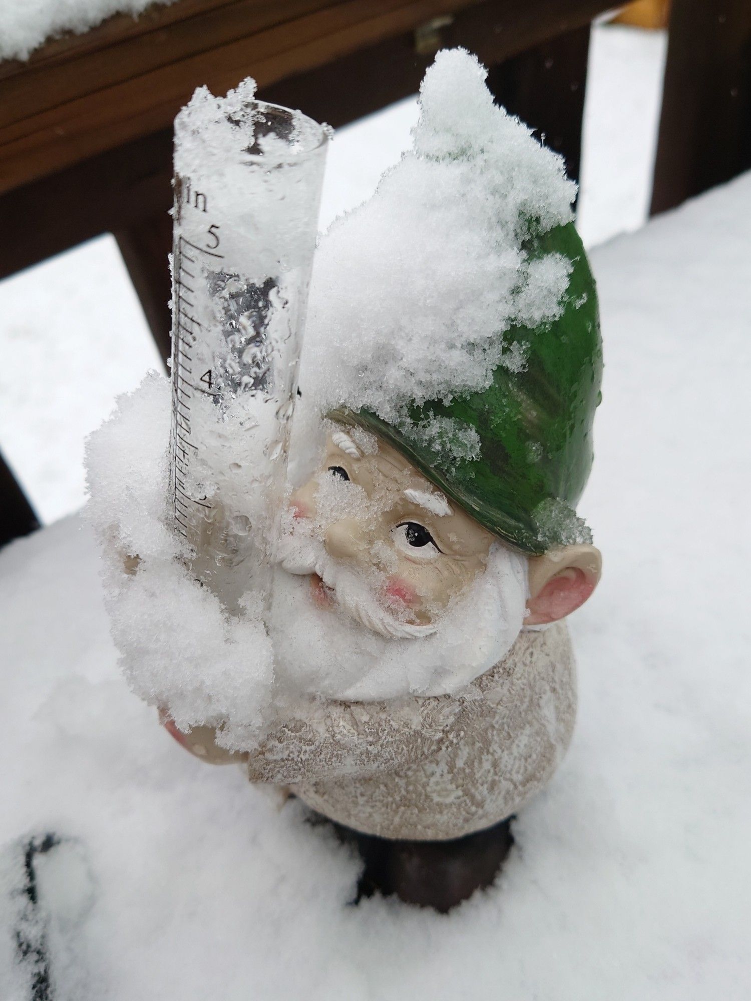 A garden gnome holding a rain gauge that is covered in snow.