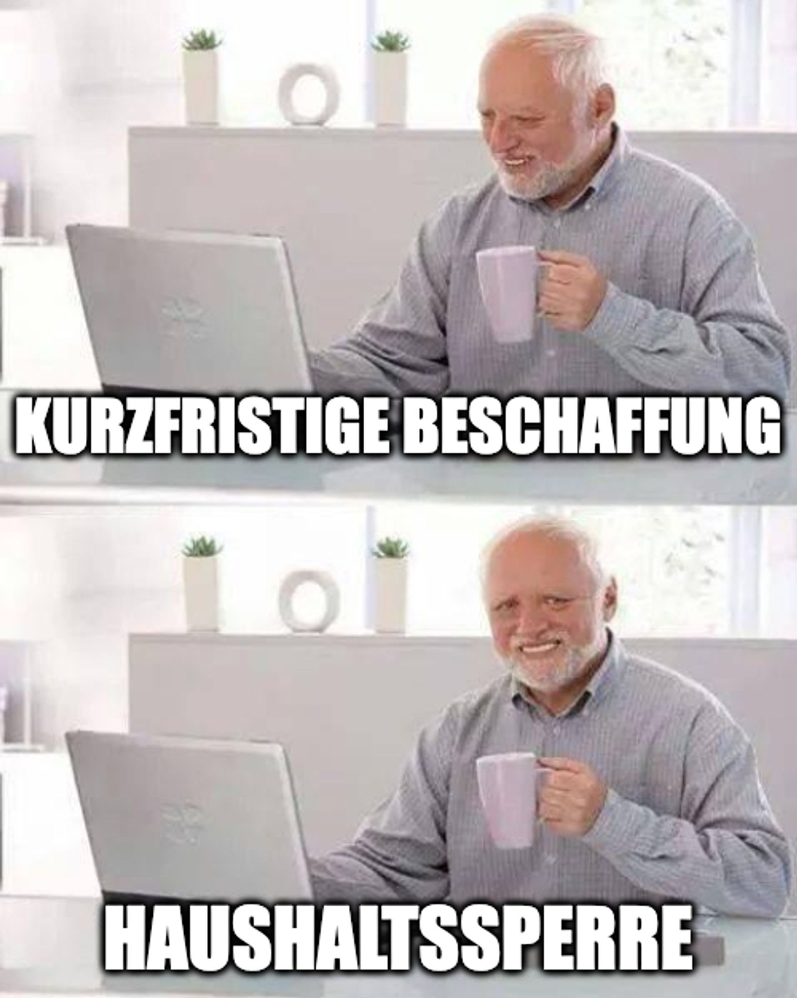 Ein alter Mann ("hide the Pain Harold") sitzt mit einer Tasse in der Hand am Laptop. Titel: "Kurzfristige Beschaffung". 

Im zweiten Bild klickt er gequält in die Kamera, Titel: "Haushaltssperre"