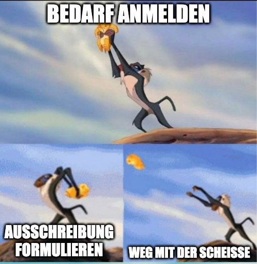 Humoristisch angepasste Szenen aus Zeichentrickfilm König der Löwen. Bild 1: Simba wird vom Affen Rafiki hochgehalten, Bildtitel: "Bedarf anmelden". Im zweiten Bild schwingt Rafiki die Arme nach hinten, als würde er Schwung nehmen, Simba immernoch in der Hand. Titel: "Ausschreibung formulieren". Im Dritten Bild sieht man, dass Rafiki Simba wie einen Ball wirft. Titel: "Weg mit der Scheiße".