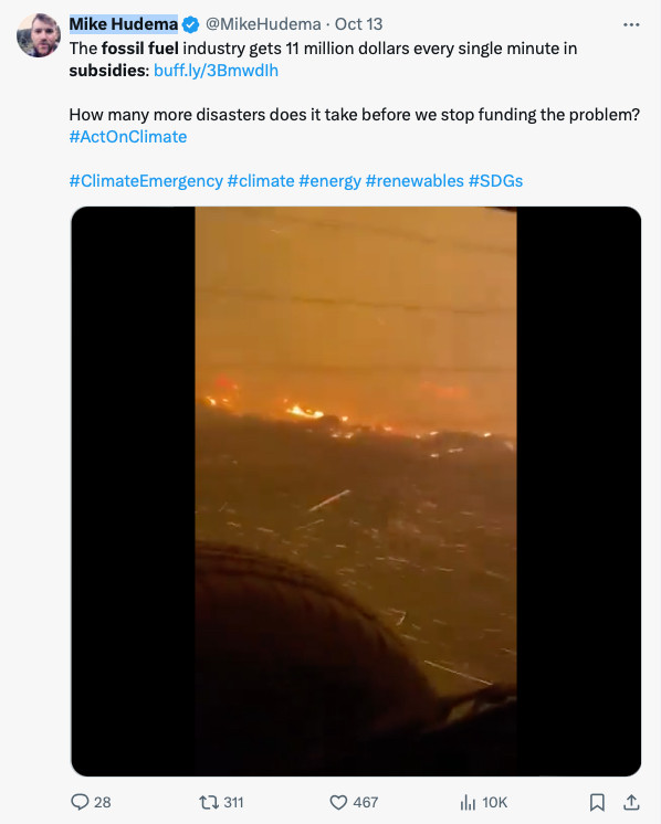 Screen shot of a tweet on X by a person named Mike Hudema (a person with 230,000 followers) asserting that "the fossil fuel industry" gets 11 million dollars in subsidies every minute of the day.