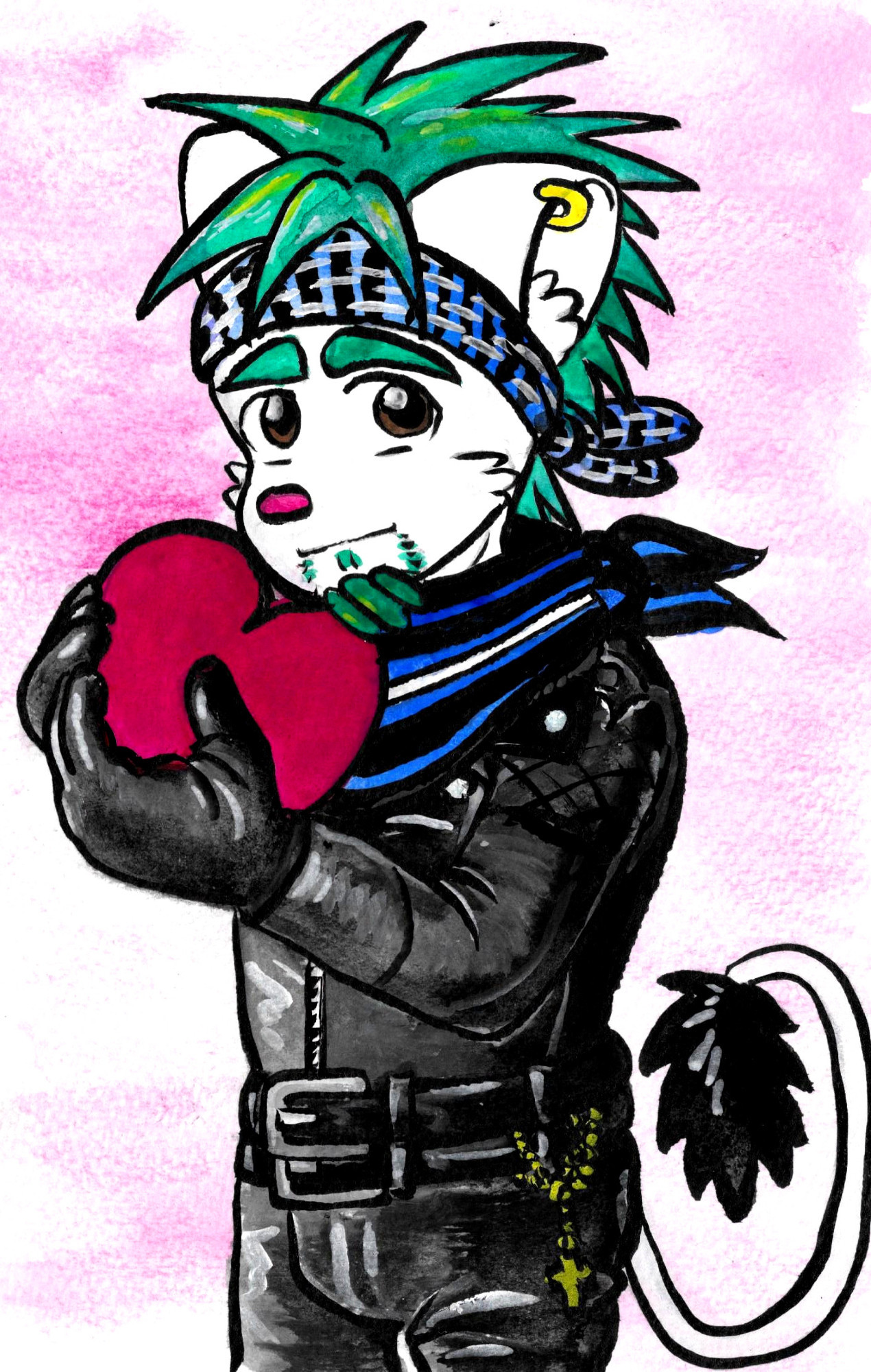 A furry ermine, clad in leather (jacket, pants gloves) is holding a big read heart