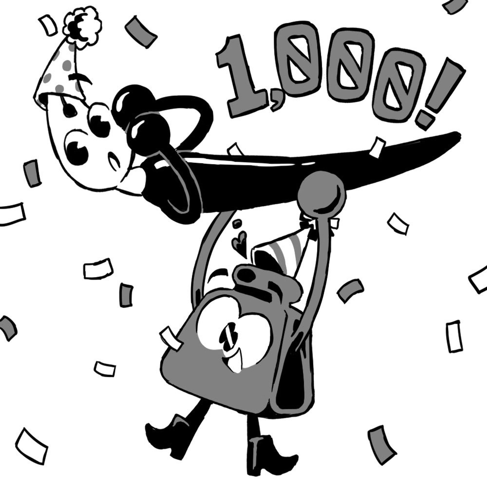 1000 member illustration by teebsly on Twitter. Inkwell mascot is holding nibford the calligraphy pen in celebration with party hats and confetti.