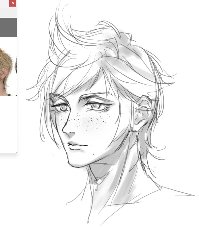 A black and white headshot sketch of Prompto facing 3/4 facing left 