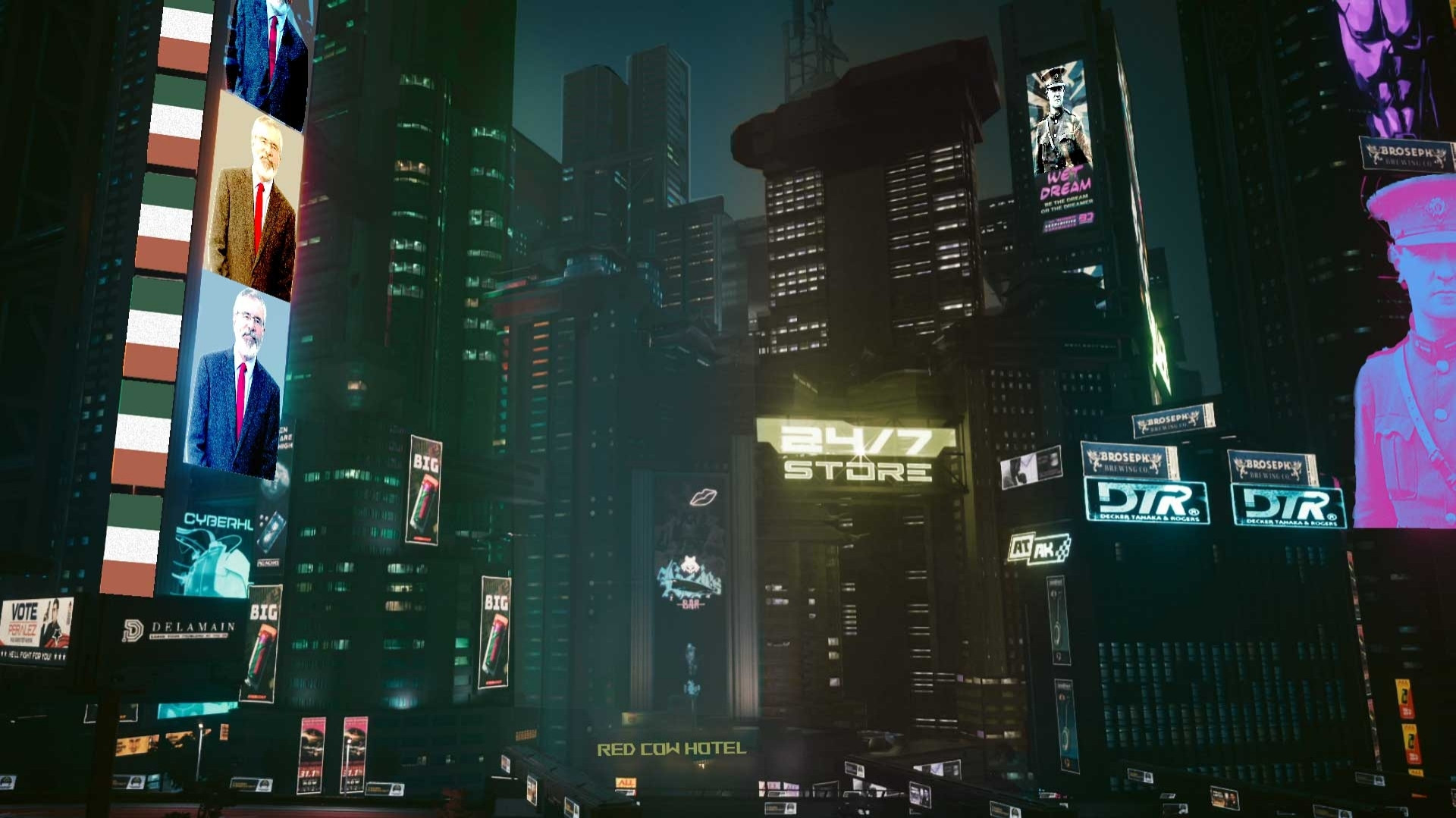 A cyberpunk cityscape that references key figures in Irish history with a reference to a Micheal Collins Sex AI