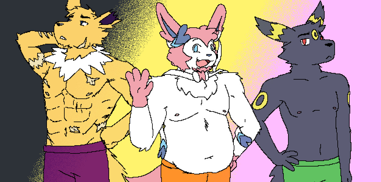 A digital drawing of three anthro Eeveelutions, who are shirtless to show their body types. On the left is a Jolteon with defined muscles and covered in scars, looking moodily away from the viewer. In the middle is a fat Sylveon happily smiling and waving at the viewer. On the right is a thin Umbreon, looking uncertainly at the viewer.