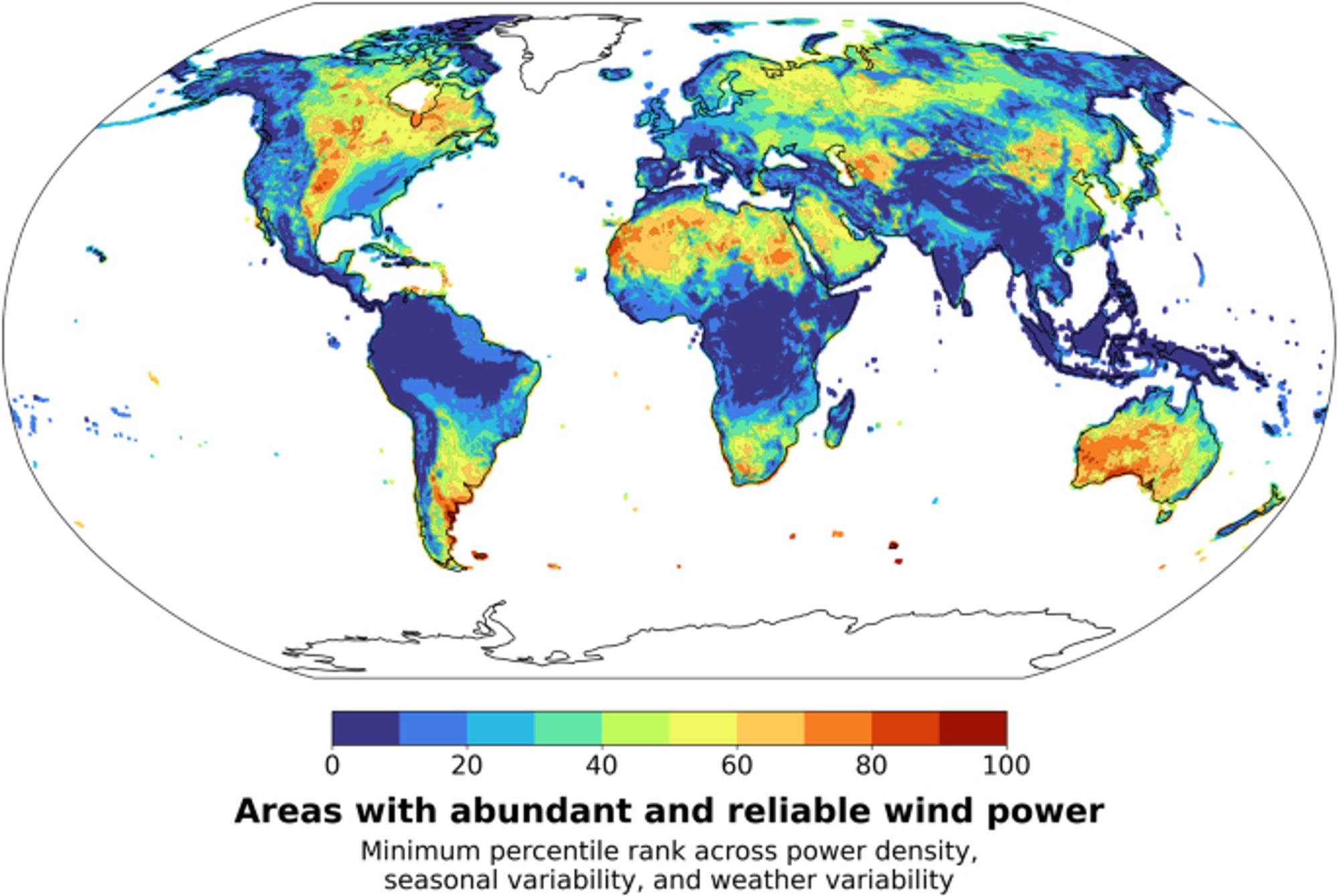 Global map showing areas of abundant and reliable winds include parts of the American Midwest, Australia, Sahara and central Asia.