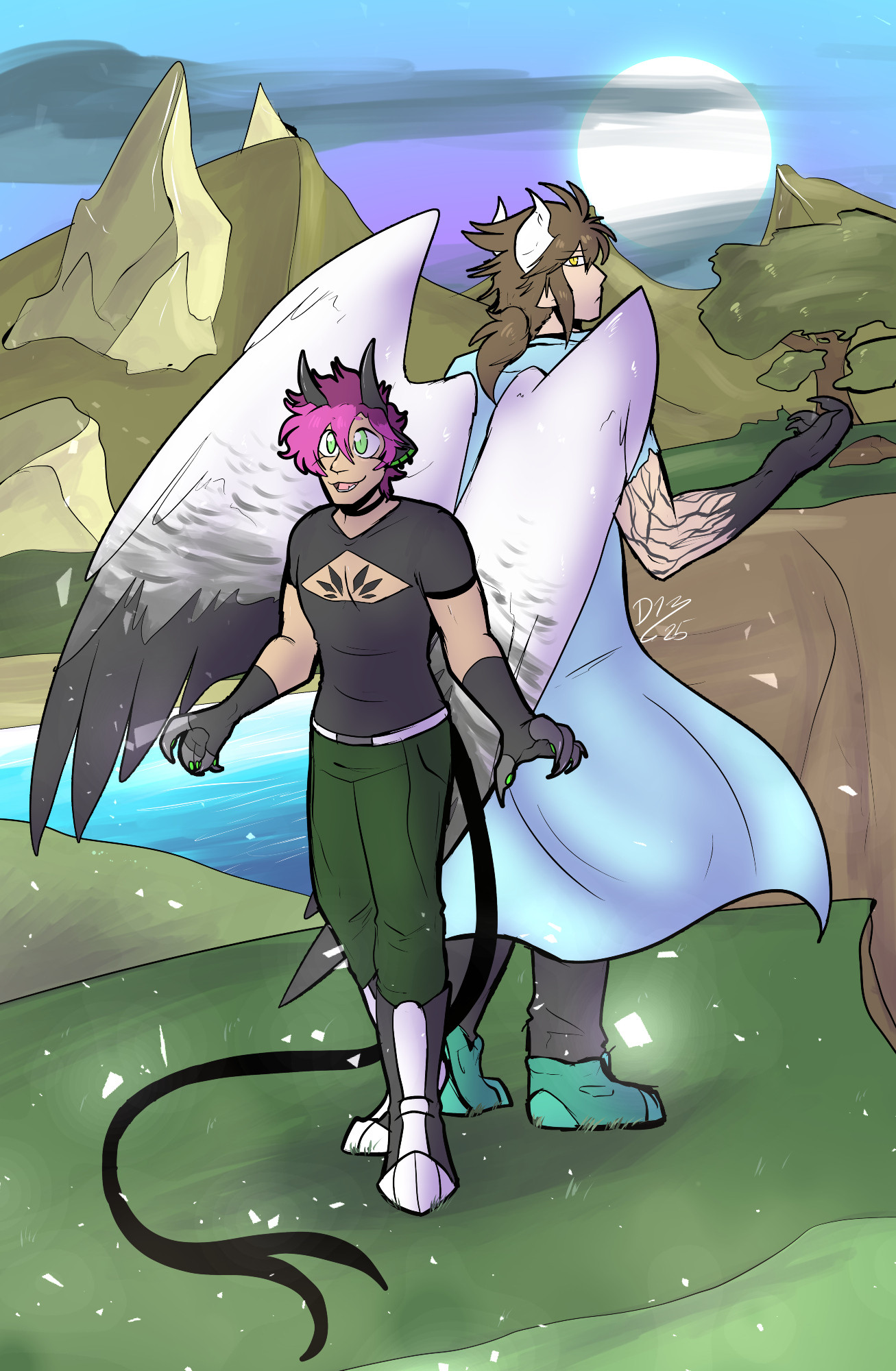 A cover illustration Halcyon and Cain from Beyond the End. In the foreground Hal watches magic on the wind while Cain is behind his back glancing over his shoulder. An unusual green sun is in the sky over golden mountains, cliffs, and a blue lake. 