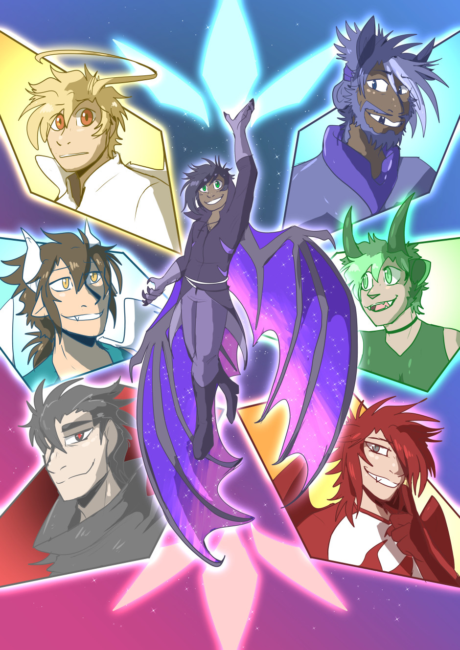A colourful image featuring Endymion from beyond the end, and in the background framed by the eyes of judgement are Gabriel, Roman, Cain, Halcyon, Death, and Uriel