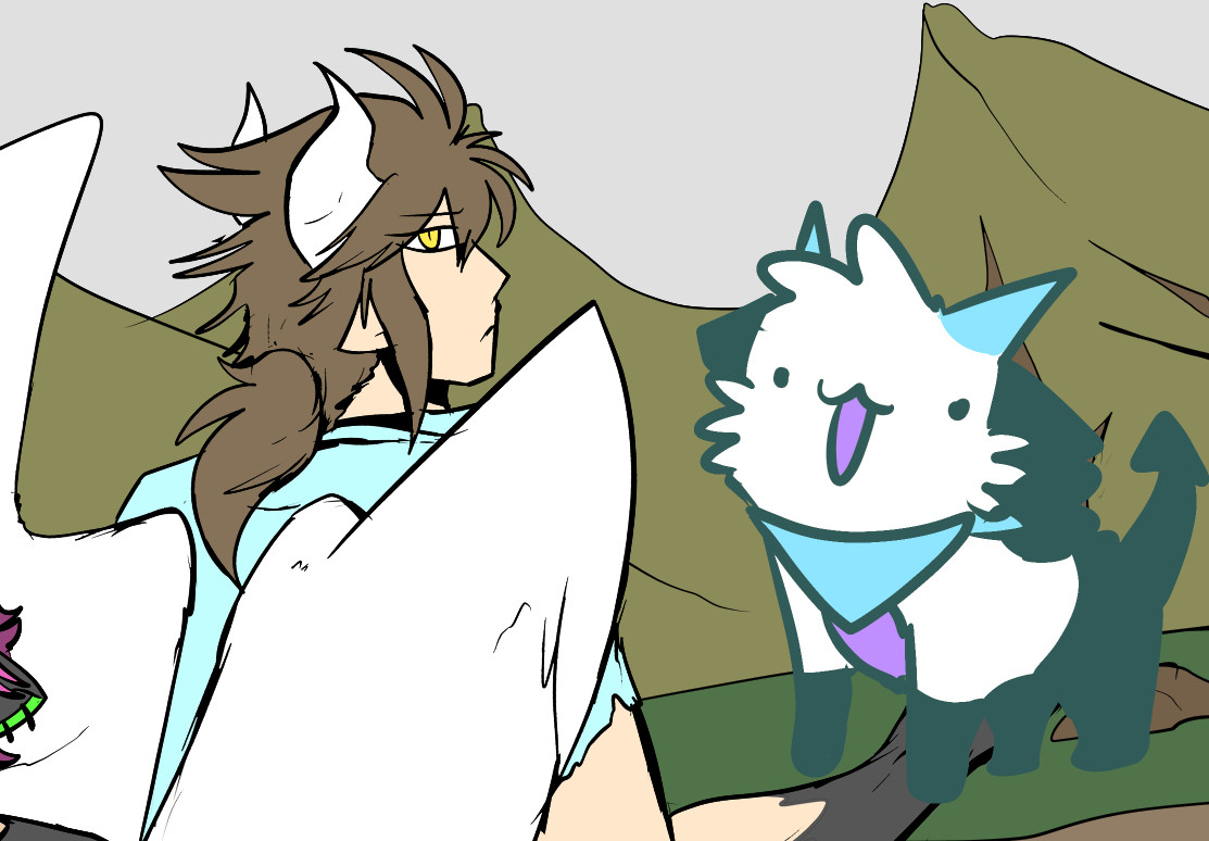 cain from beyond the end holding riluo the dragon in one hand