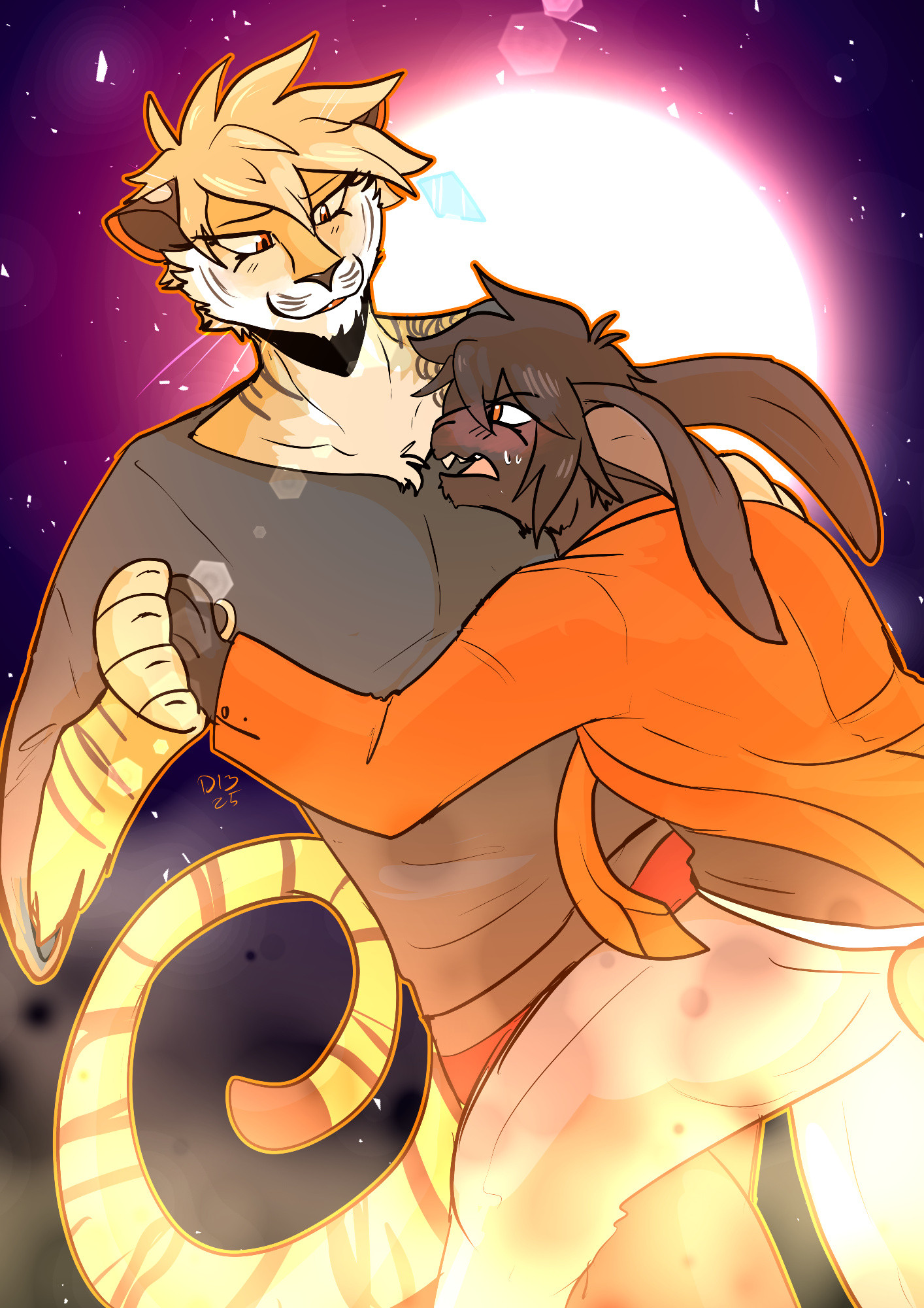 Fanart of Suzu Isshiki and Choutsugai Shirou from UUUltraC as anthros. Isshiki is a golden tiger and Shirou is a brown lop eared bunny