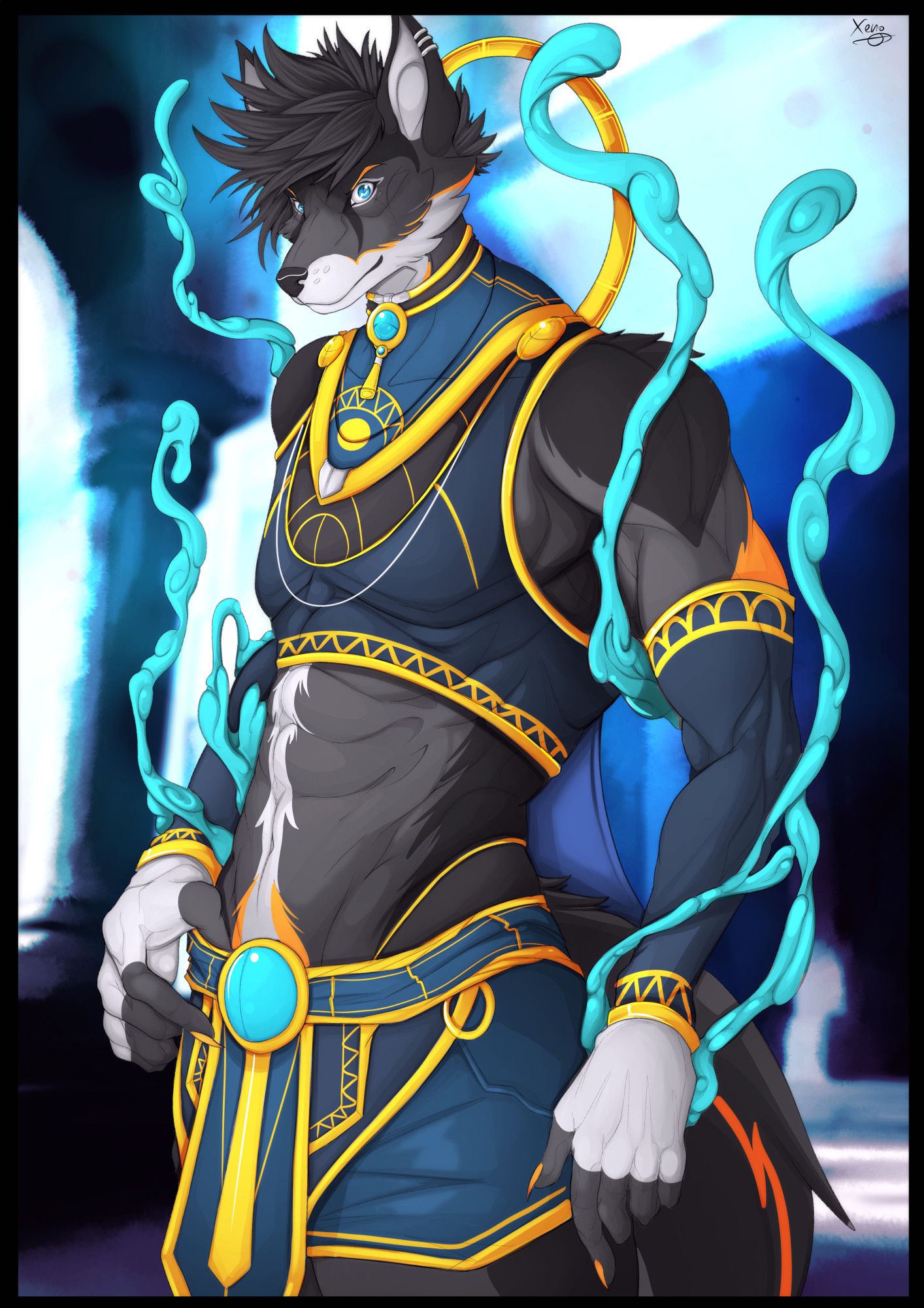 Digital drawing of Ethyos, my Ethiopian wolf fursona, dressed with Egyptian style clothes.
He is standing up in a sexy pose, his muscles visible, looking intensely at the viewer.
Some mysterious smoky substance is surrounding his harms.