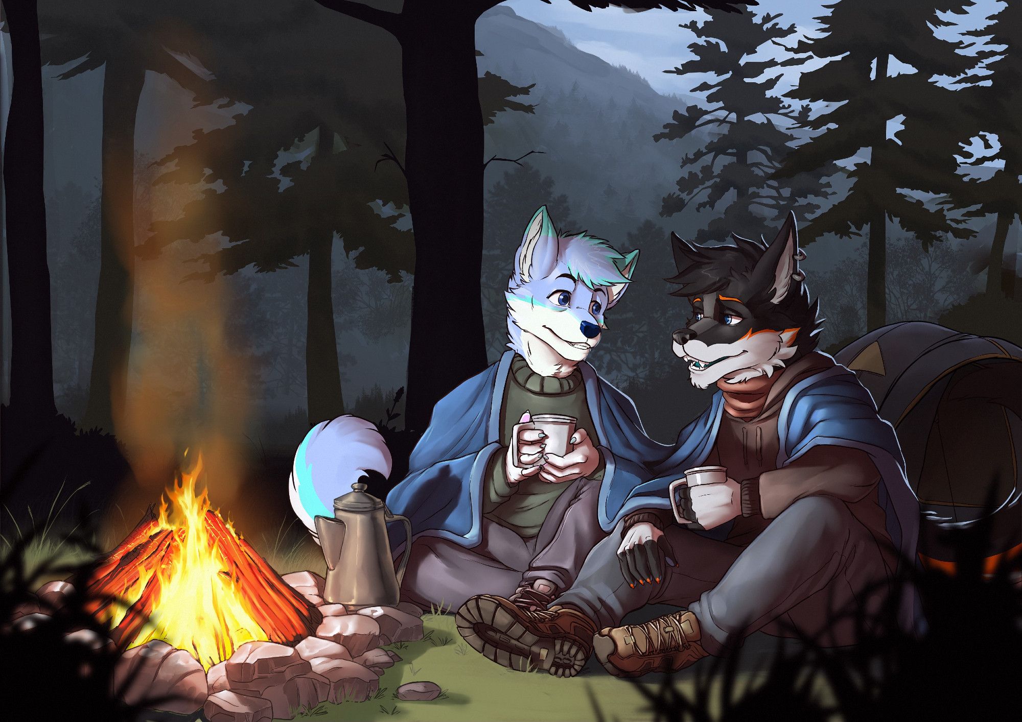 A digital drawing of an arctic fox and a wolf sitting around a compfire in the forest. Both furries are holding a warm cup of coffee and lovingly looking at each other.