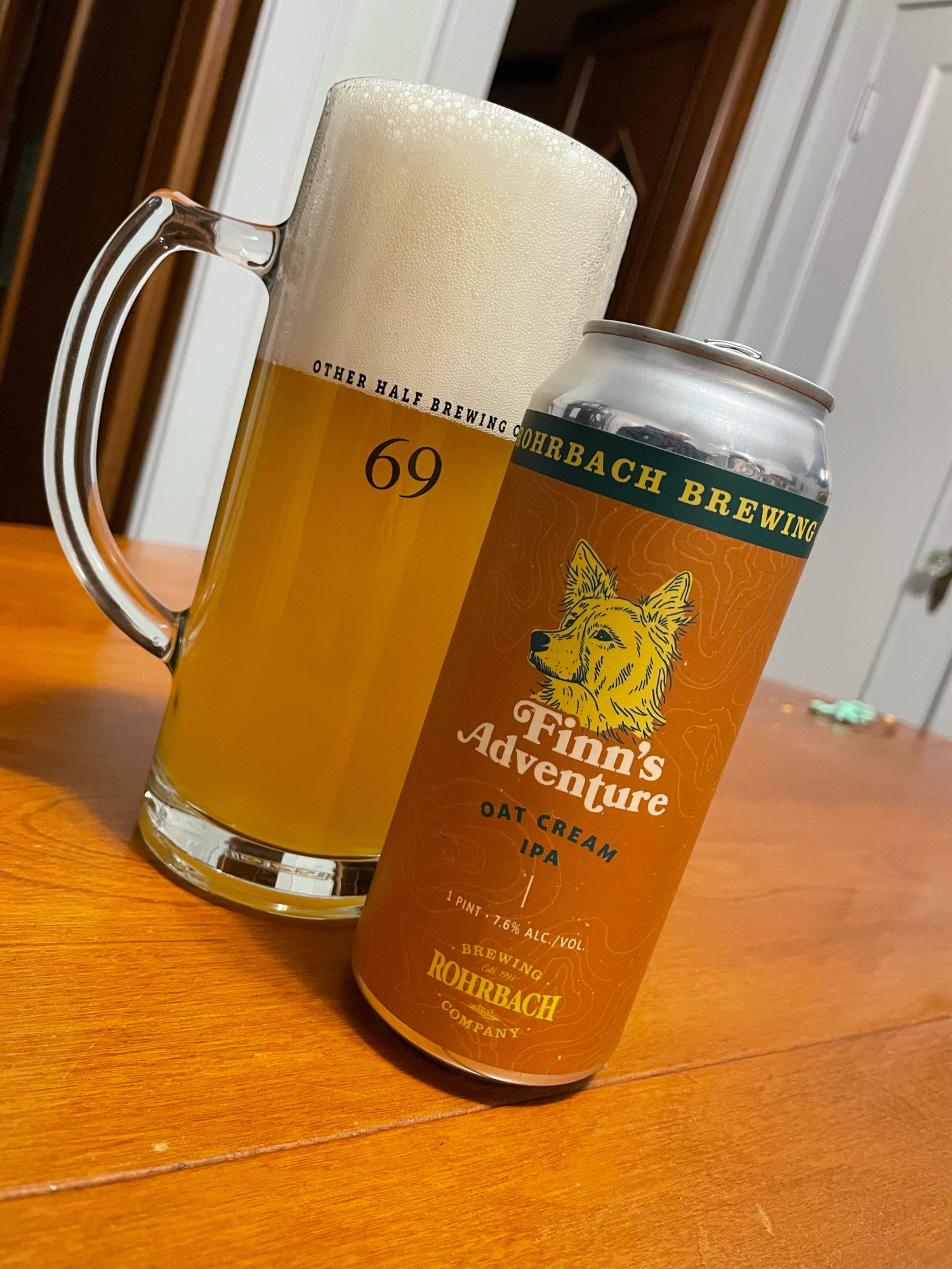 A big foamy mug of Rohrbach’s newest seasonal hazy ipa called Finn’s Adventure