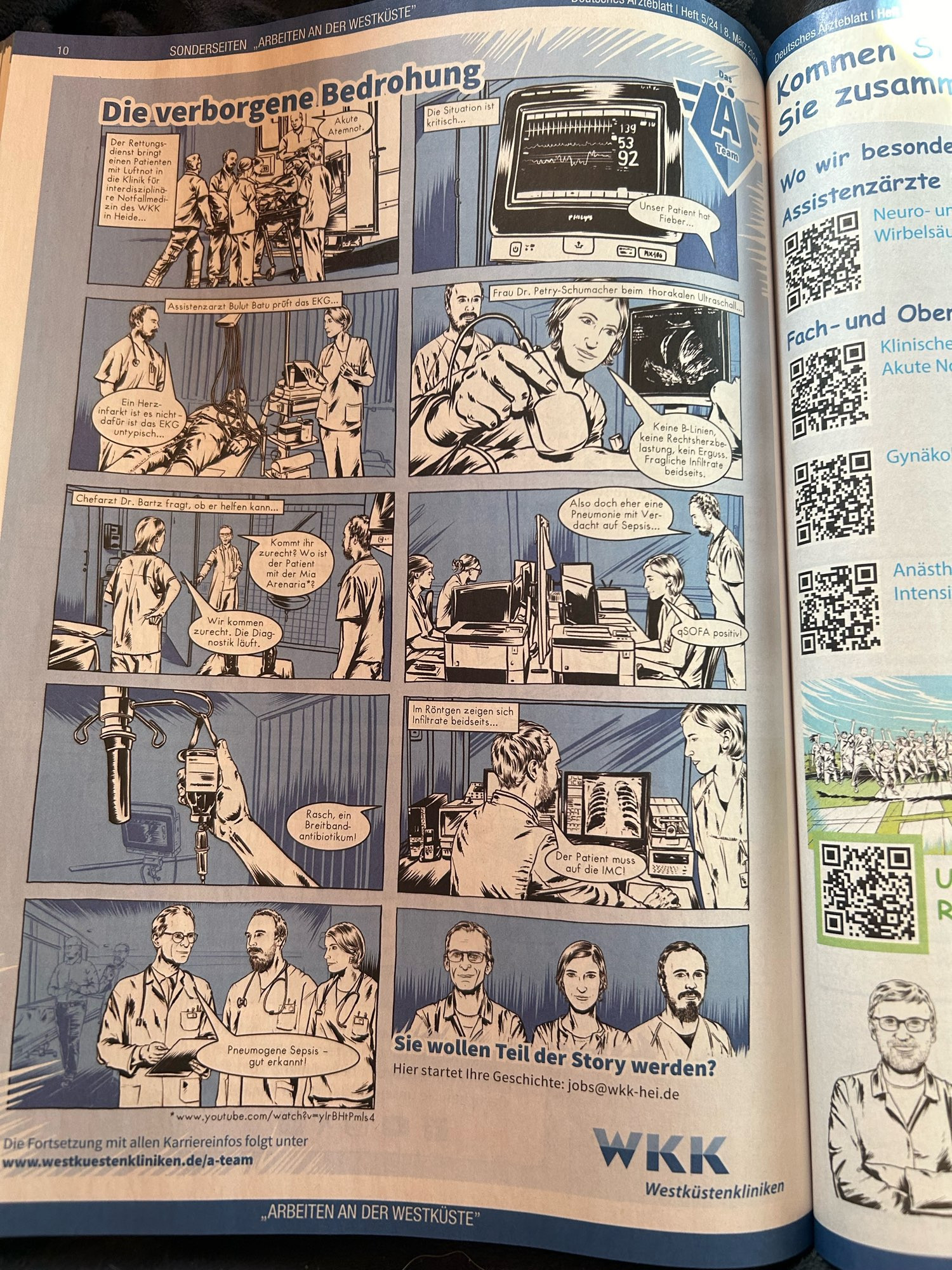 Stellenanzeige im Deutschen Ärzteblatt in Form eines ganzseitigen Comic-Strips