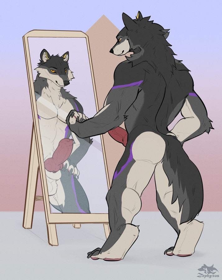 Wolf looking his cock in a mirror