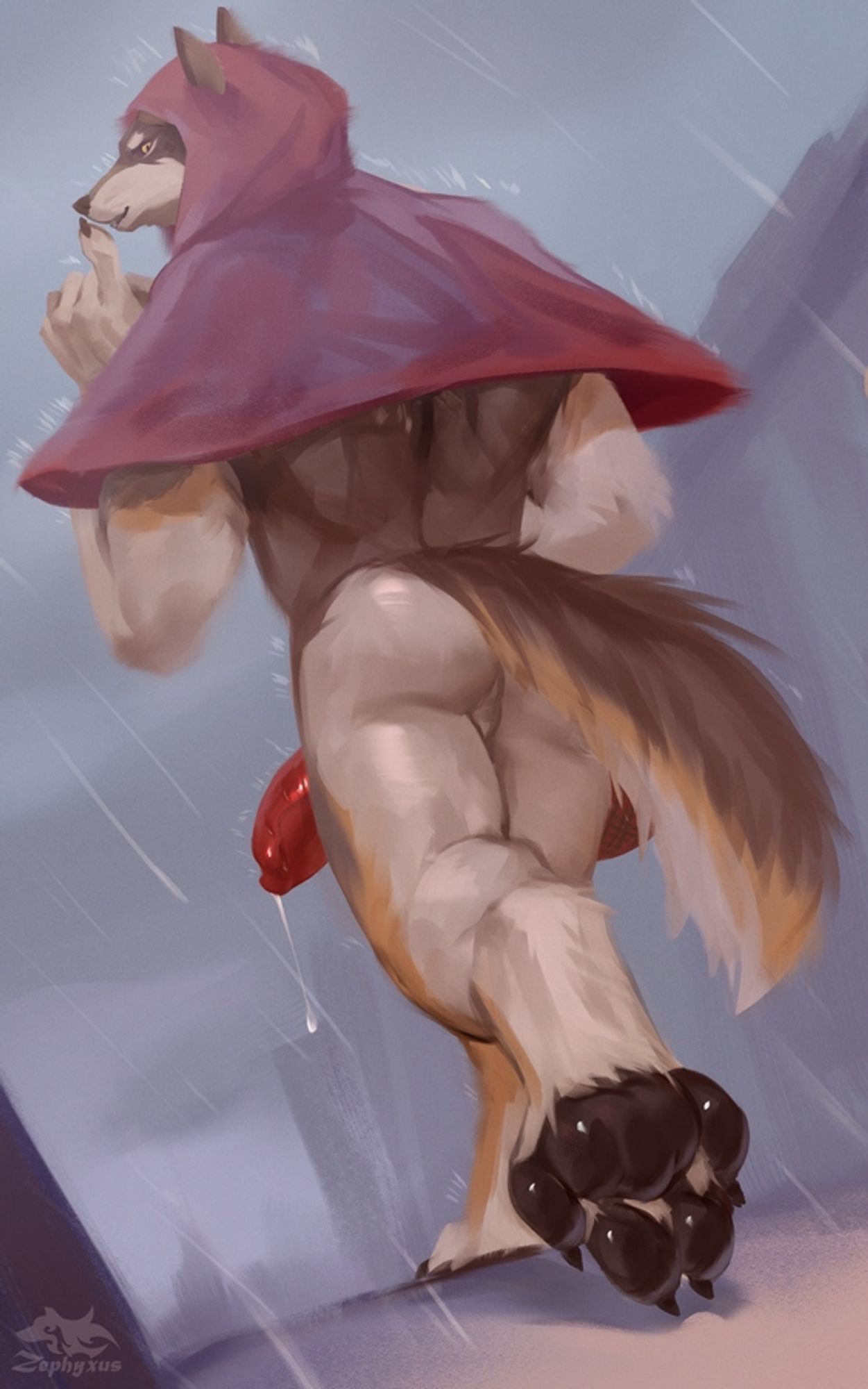 A red riding hood werewolf walking on a rainy day