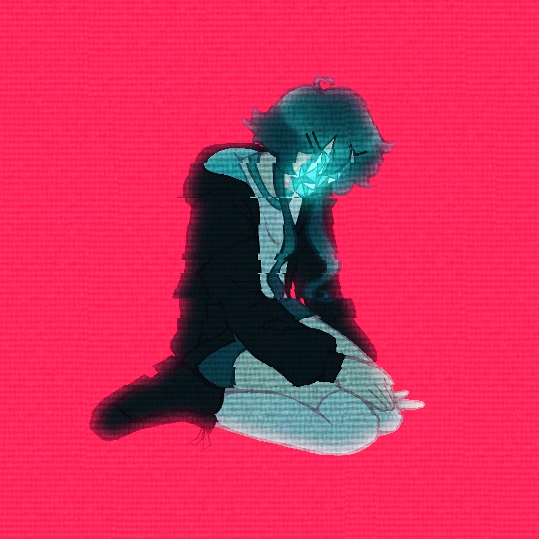 A digital drawing of my original character, Fritz, slumped over on their knees, being backlit by a large red screen. Their face is cracked off, revealing glowing teal crystal underneath