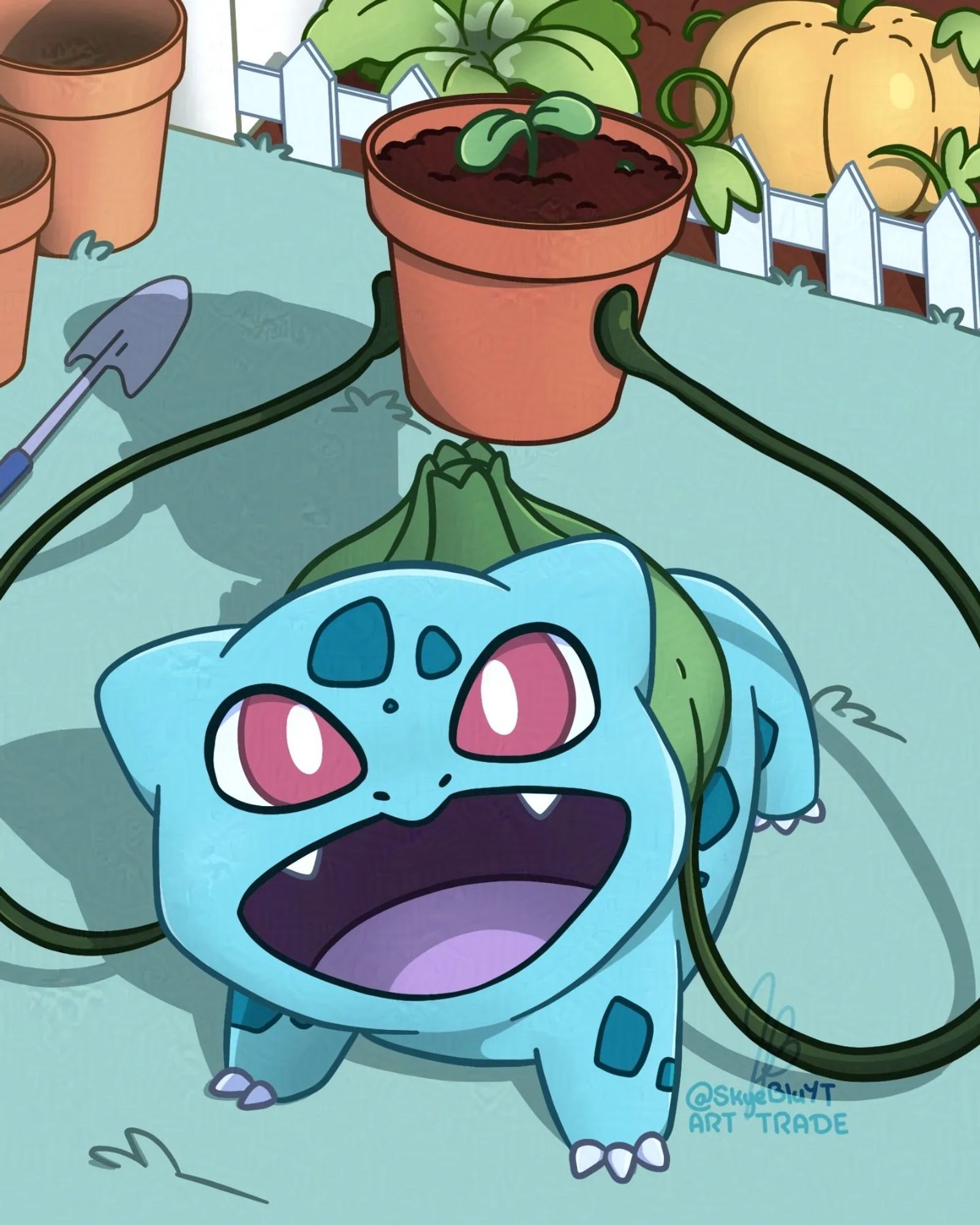 Bulbasaur proudly holding a potted seedling with his vine whip. In the background is a small shovel, empty terracotta pots, and a vegetable garden.