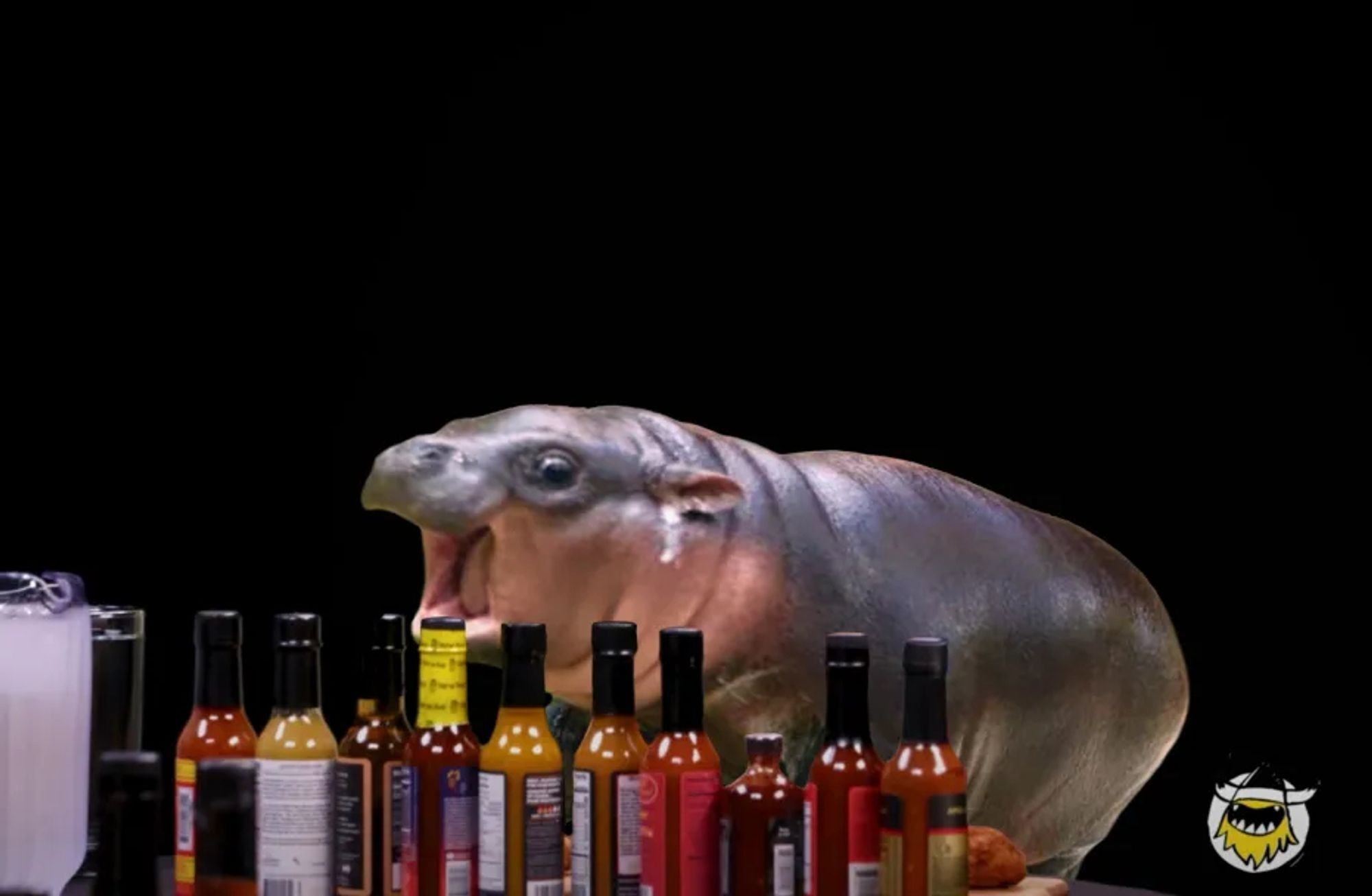 Moo Deng on Hot Ones

(baby pygmy hippo with her mouth open as if to bellow, with a row of hot sauce bottles lined up in front of her as on the talk show Hot Ones. Black background)