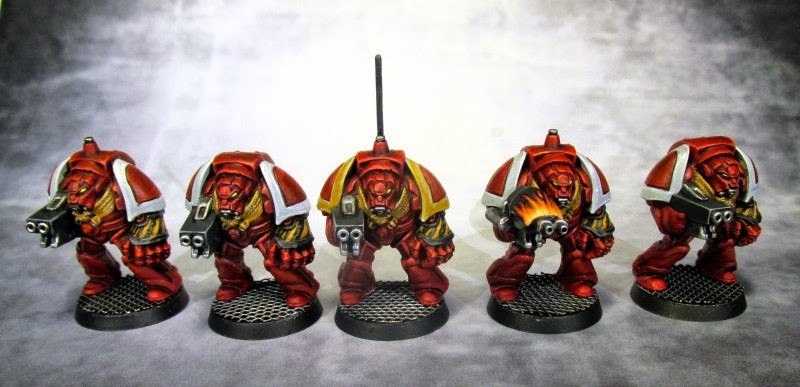 Five original plastic terminators from Space Hulk painted as Blood Angels.