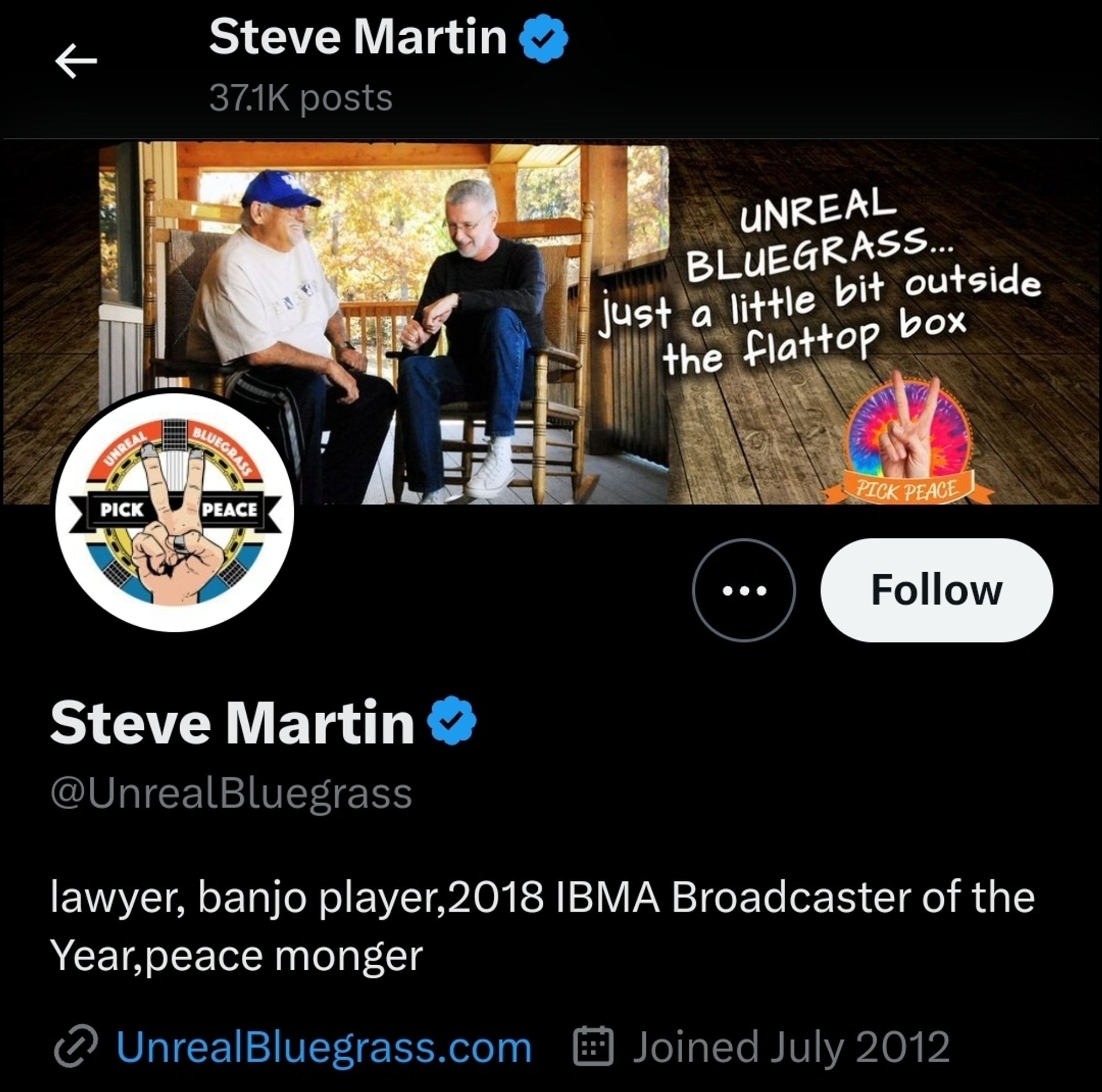 Screen shot of @UnrealBluegrass's profile on X. Steve Martin, lawyer, banjo player, 2018 IBMA Broadcaster of the Year, peace monger