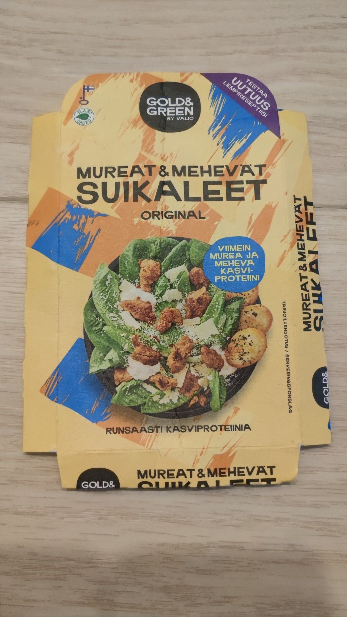 Paketin etiketti Gold&green mureat ja mehevät suikaleet original