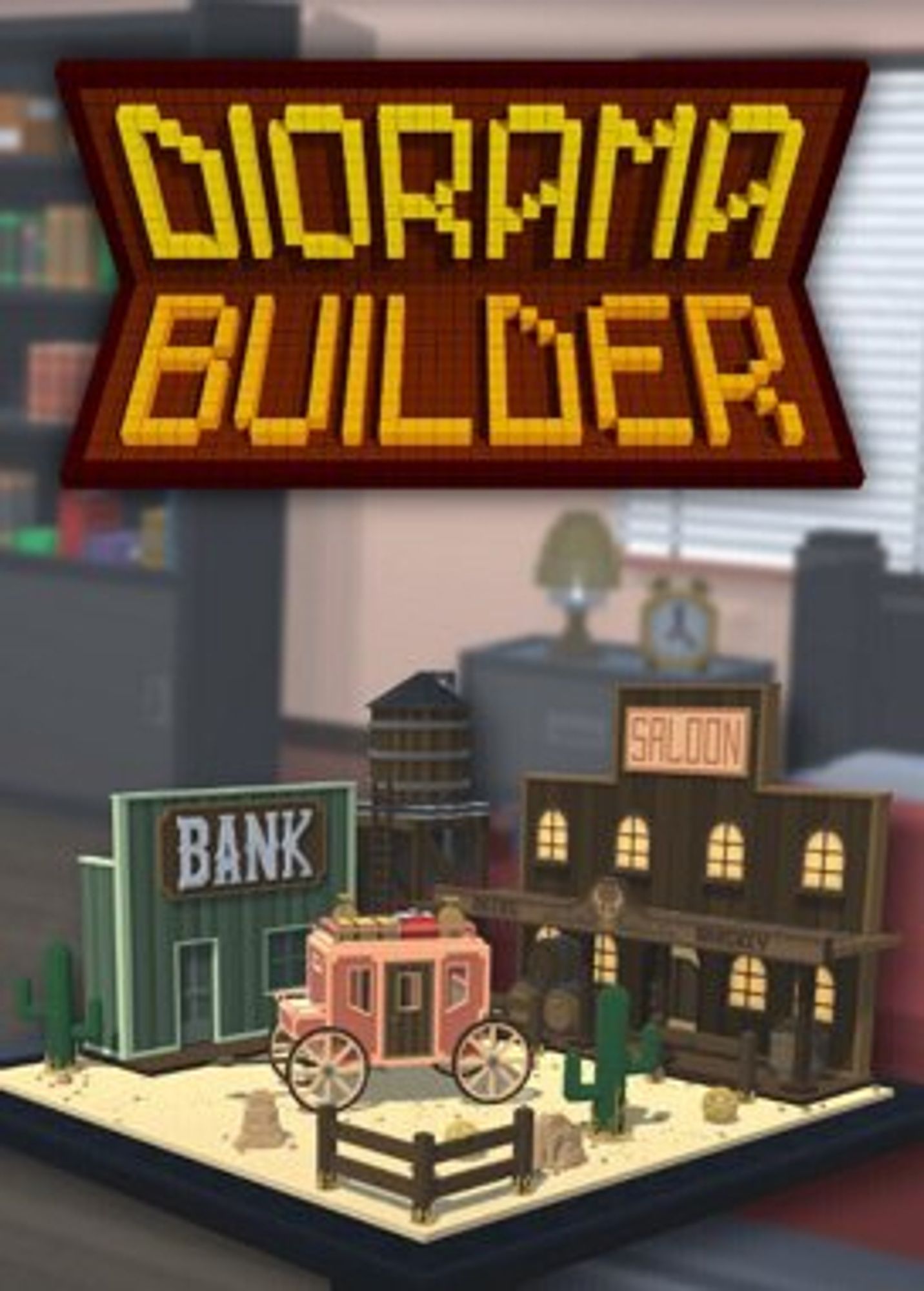 A promotional image for the game "Diorama Builder" that features the logo on top and one of the dioramas (an old, wild west themed town) below. Both are in front of a blurred bedroom scene.