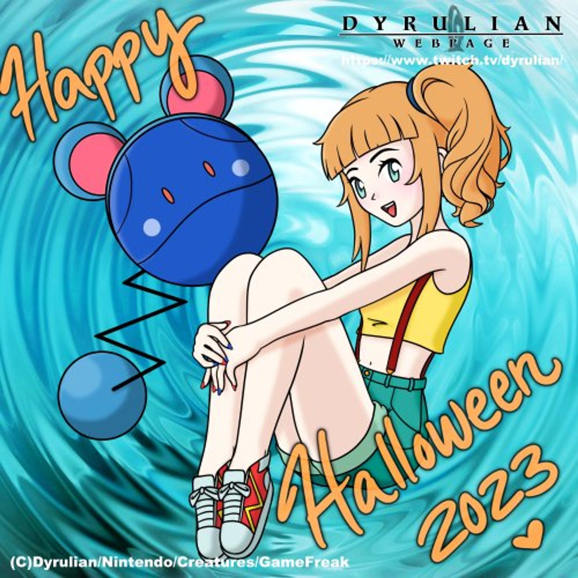 Dyr as Misty and Haro as Azuril from Pokemon. They're on a blue wavy background and there is orange text on top that says "Happy Halloween 2023"