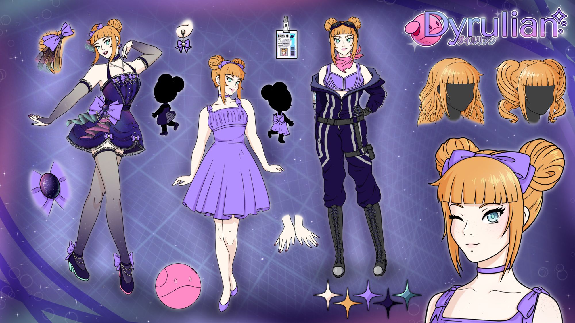 A reference sheet for Dyrulian. They are pale, have teal eyes, and their copper hair pulled up in two buns. On the left they are in their idol outfit, which is an indigo dress with a subtle galaxy pattern decorated with lace, mesh, and purple bows. In the center, they are wearing their casual outfit, which is a simple purple sundress. On the right, they are wearing their work uniform, which is an indigo jumpsuit with gray piping, as well as a purple compression top and gray boots and gloves. The page also contains various small detail highlight images, color reference icons inlayed in four-pointed star shapes, a close-up of their face, their logo, and two alternate hairstyles (one with pigtails and one with hair down). The background has a grid pattern and some stars.