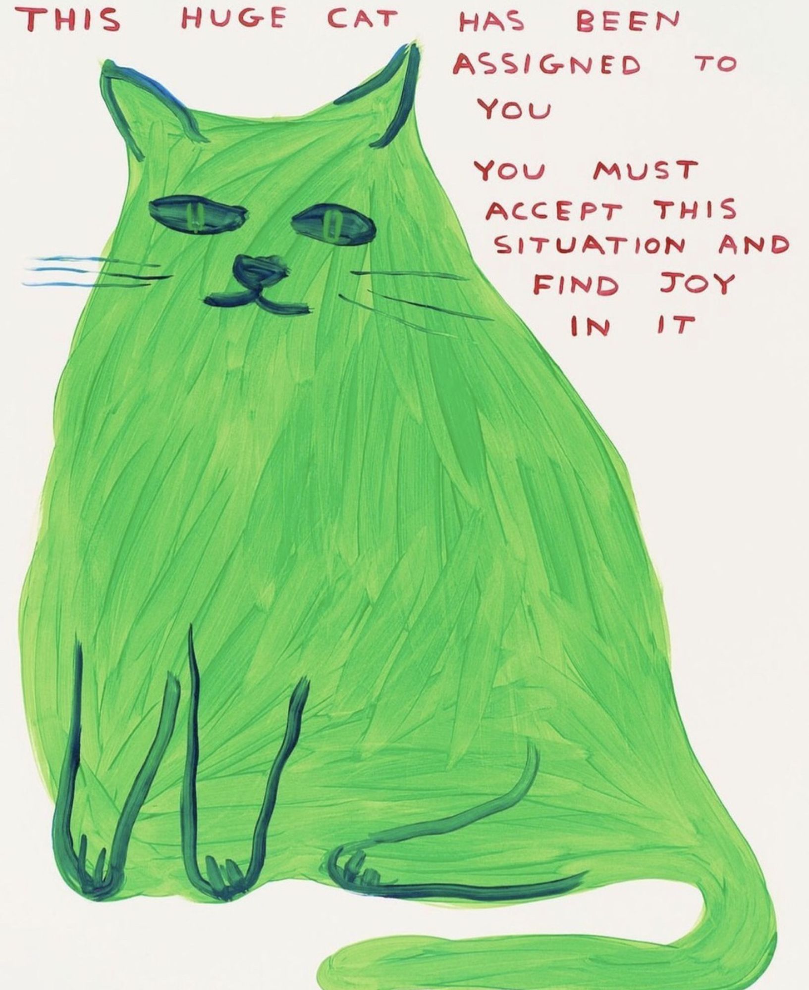 Art by David Shrigley. Text in red hand printed letters says: “this huge cat has been assigned to you. You must accept this situation and find joy in it.” The painting is of a huge lime-green cat. The artist’s style is vivid color, simple shapes. So the cat is shaped like a cat mountain with some lines to define ears, some dark oval eyes, whiskers, a cute little heart plus squiggly lines to make a mouth. In front there are goofy legs plopping straight down. Green tail lolls out in front