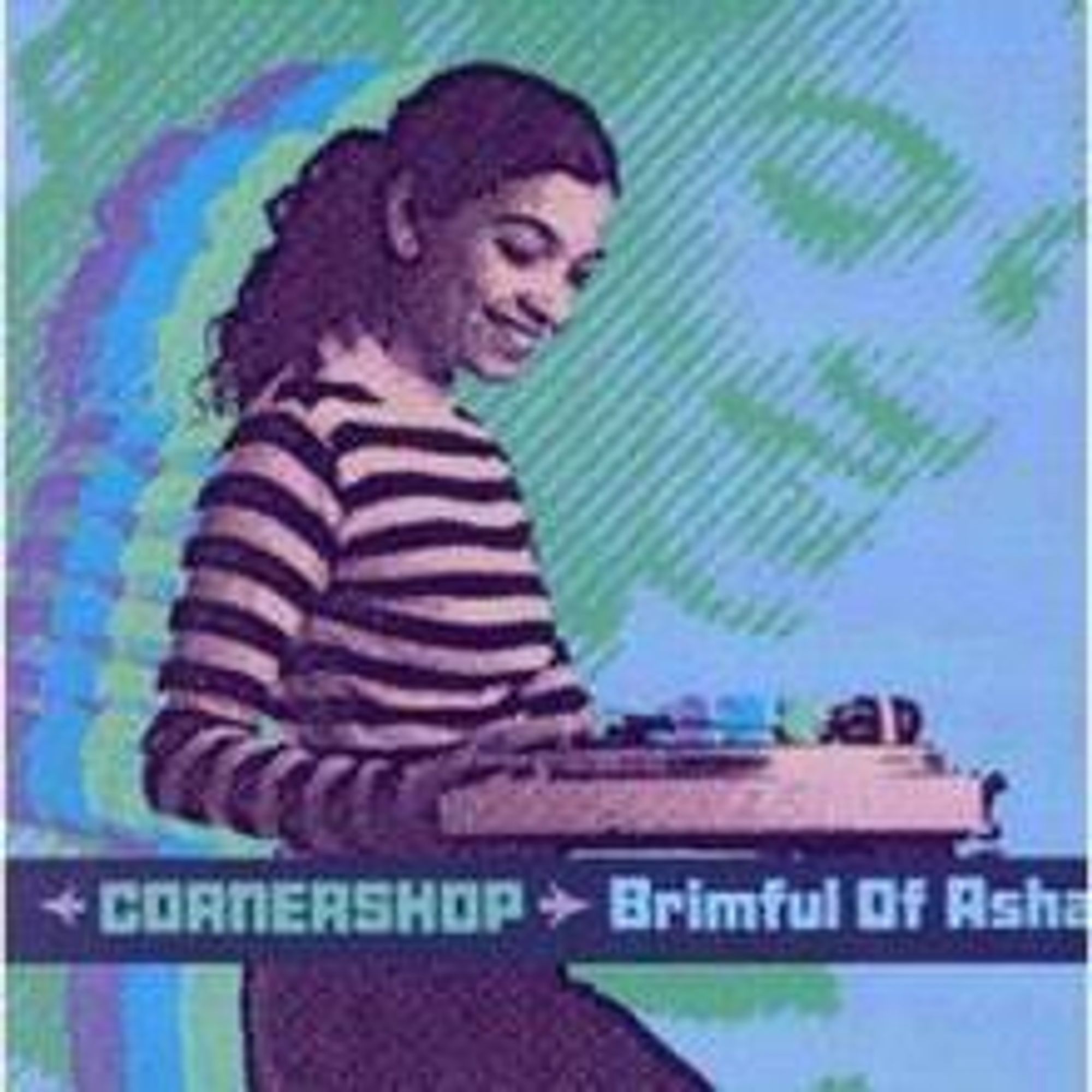 The cover for Brimful of Asha by Cornershop - a smiling Asian woman with long hair wearing a long sleeved striped jumper looks down at a record player against a blue background with a blown-up impression of her own face on it