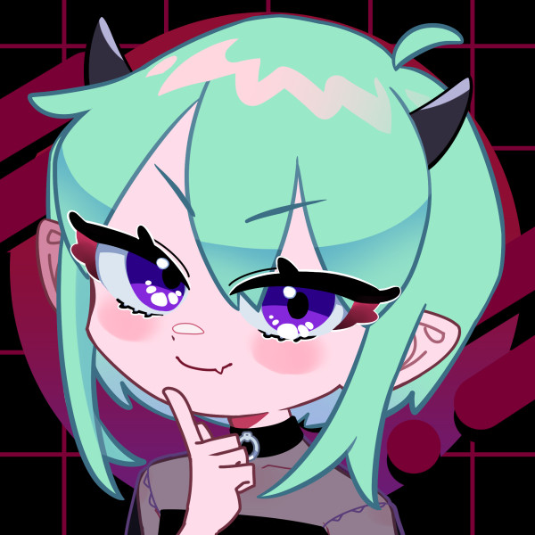 picrew of a demon girl with mint green hair, purple eyes, short black horns, wearing a black mesh top with a black tube top.