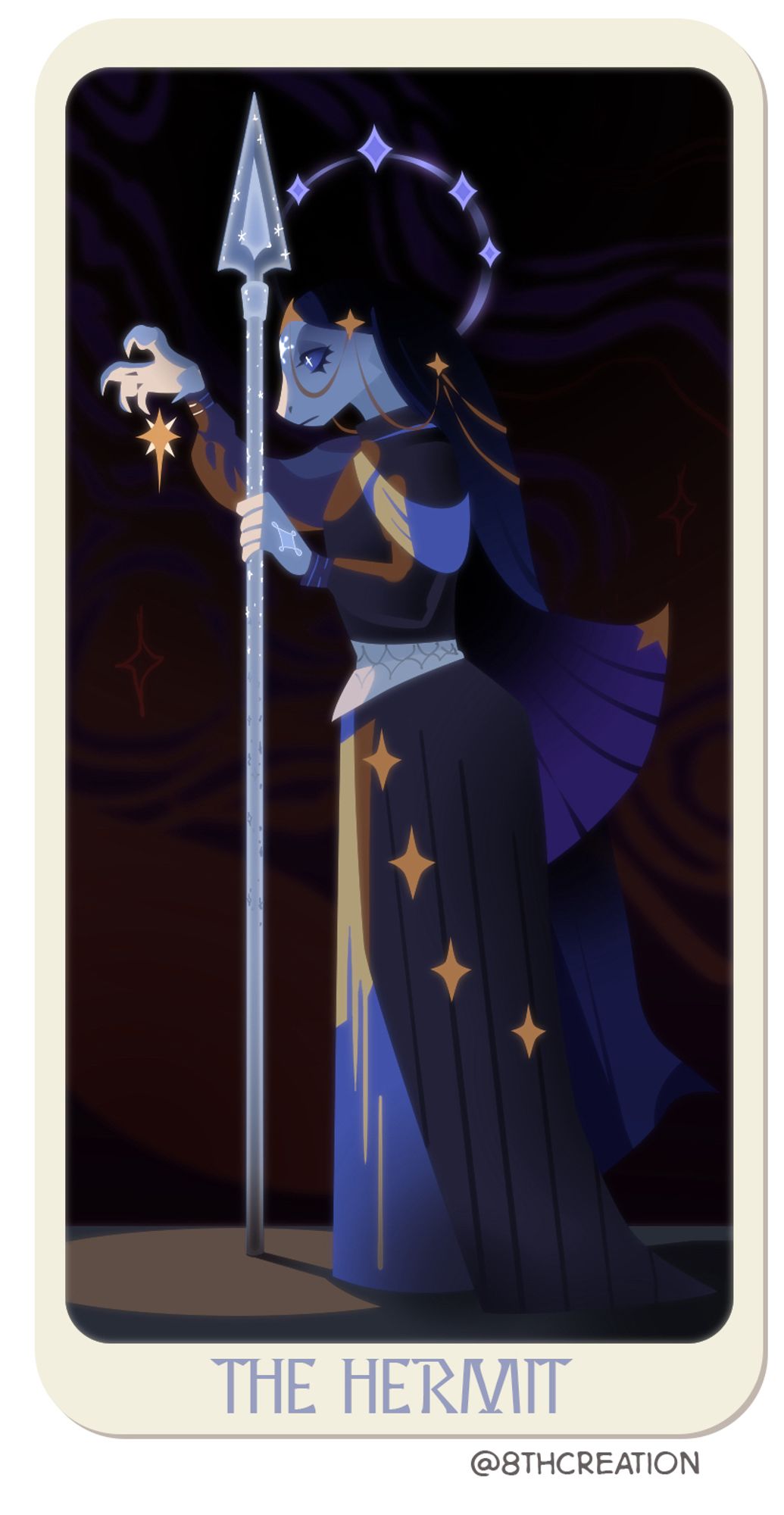 A tarot card of The Hermit. Pale blue reptile lady with long dark blue and star decorated dress and veil passively looks at a spark of light. She holds a glowing spear and has a halo of stars.