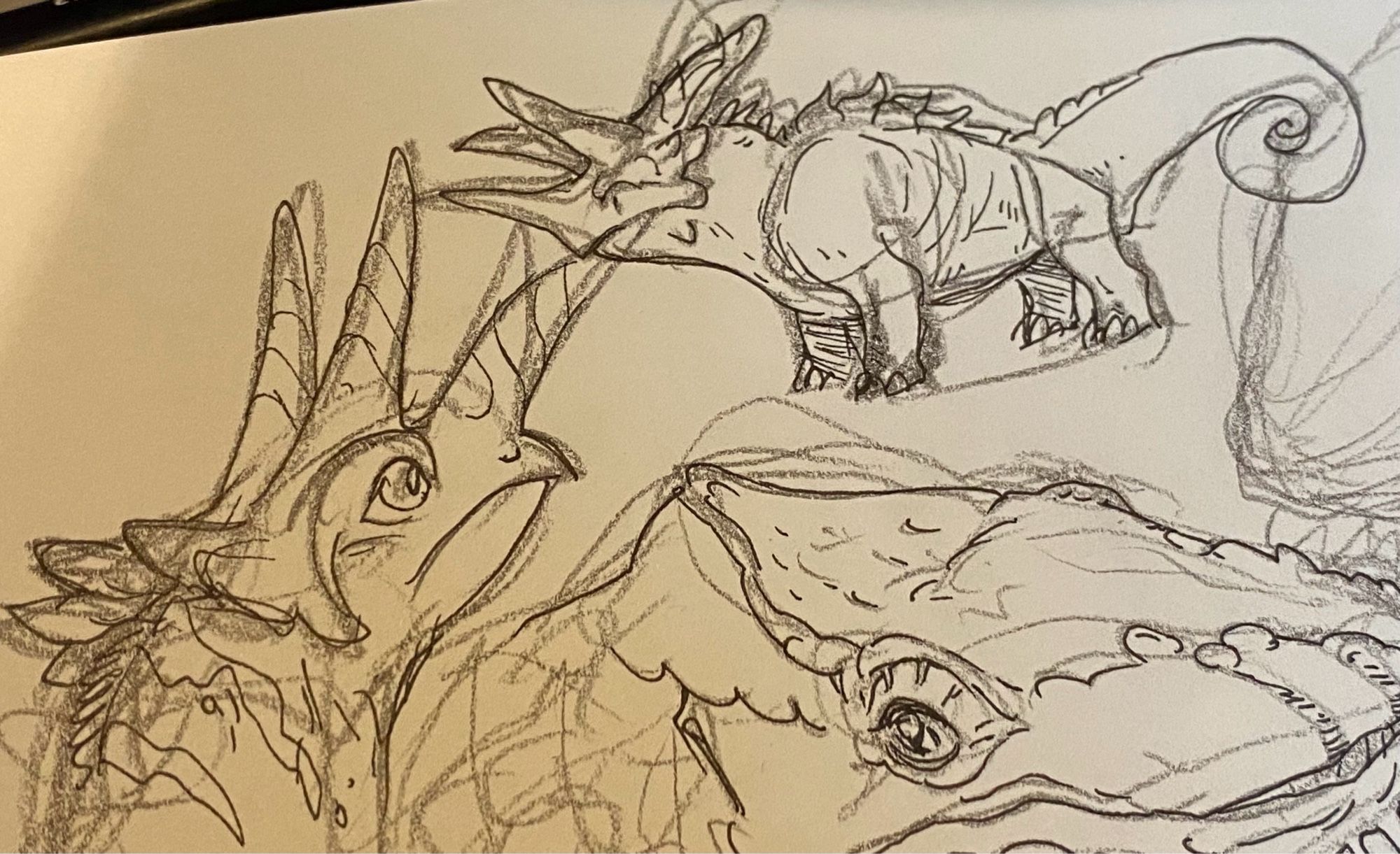 Sketchbook page with creatures that look like a mix of jackson’s chameleons which have a frill and three horns, and triceratops