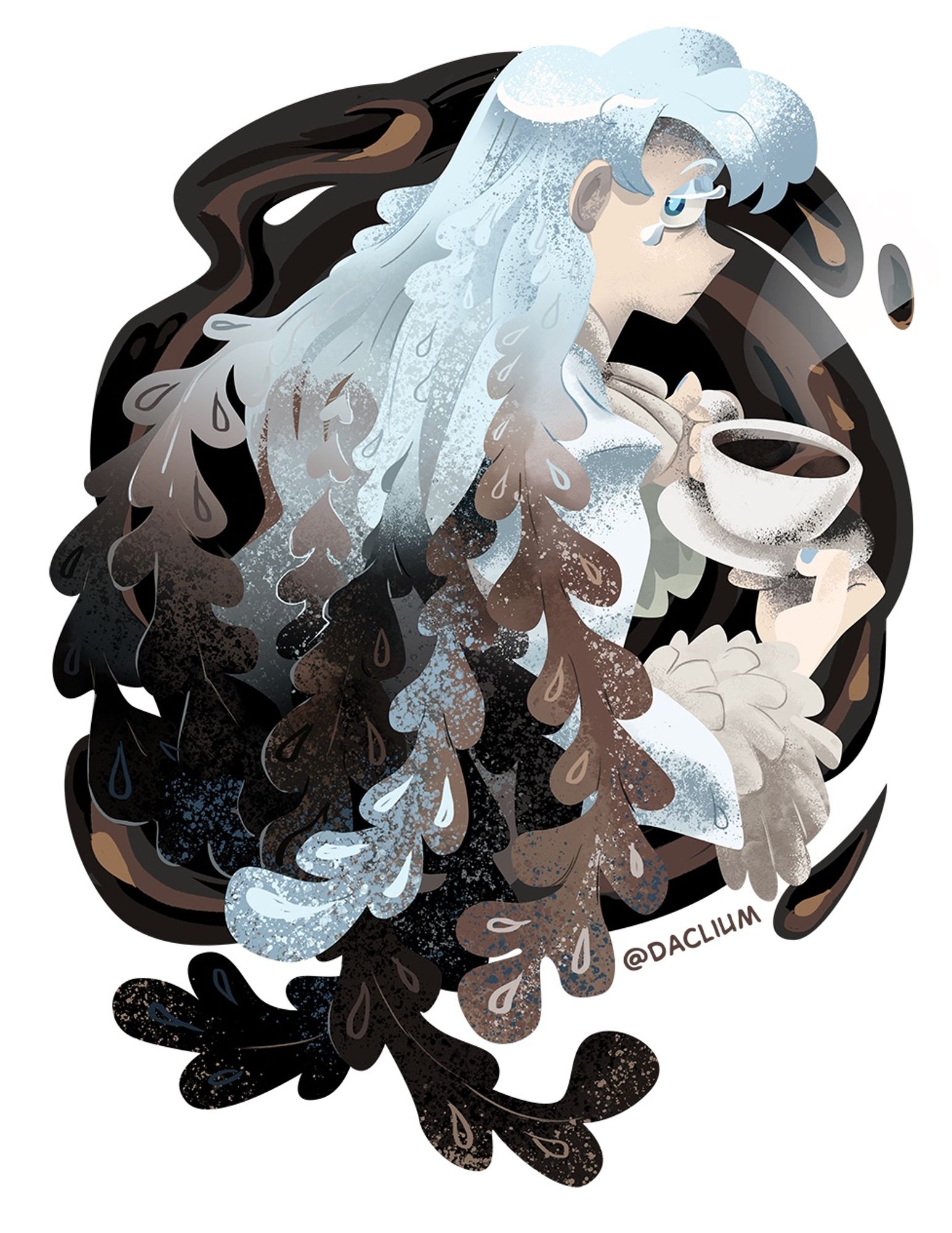 Anime style-ish side profile of a sad young man with white eyelashes and white hair that’s turning into shades of brown. Holds a coffee cup, with coffee swirls as backgtound