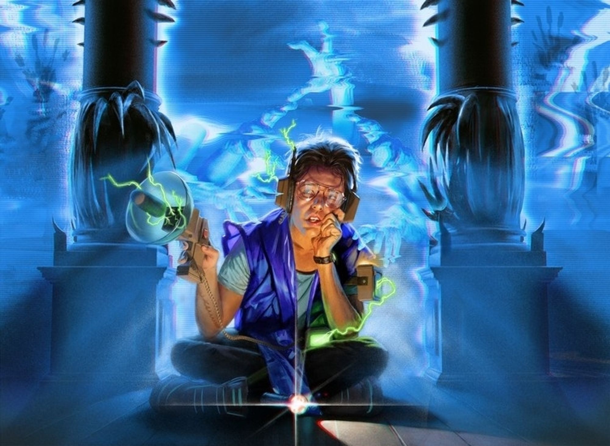 dude in an 80s aesthetic sitting down using some sort of device presumably to find ghosts while a ghost is behind him