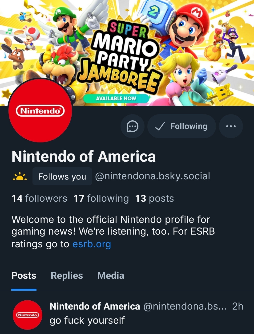 The page of a parody account pretending to be Nintendo of America. The top post eloquently reads, "go fuck yourself".