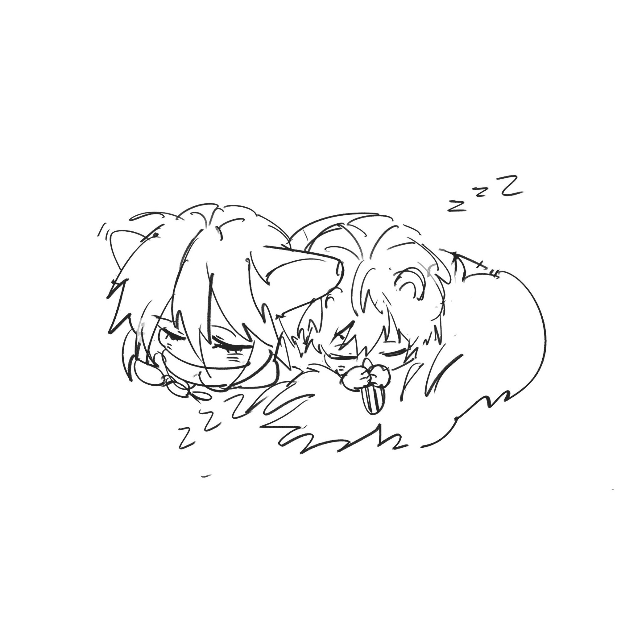 A cat boy and hamster boy snuggled up together