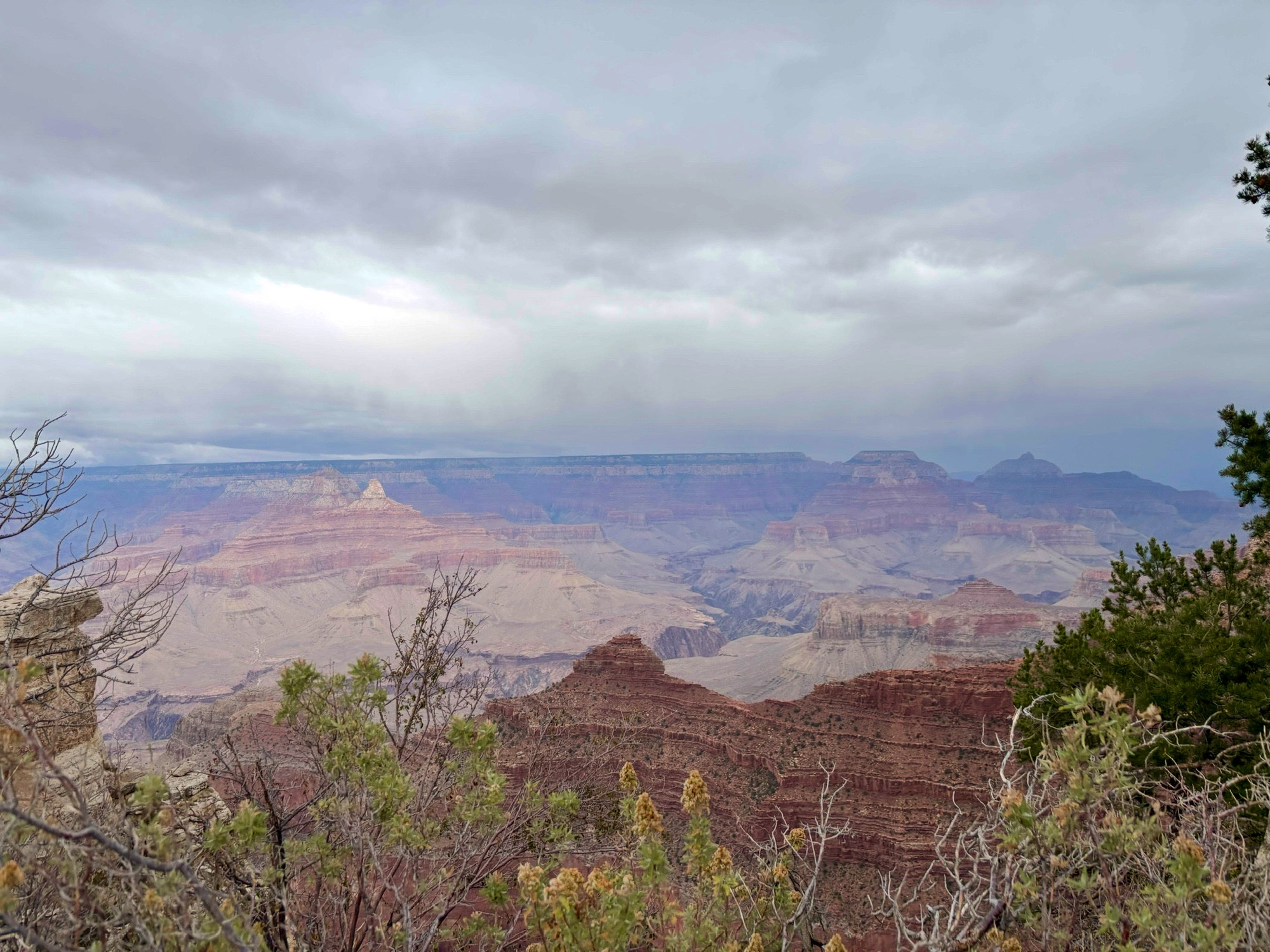 A picture of the Grand Canyon at one of the lookout points. The sky is cloudy and the canyon in the distance is foggy and shaded by the thick clouds.