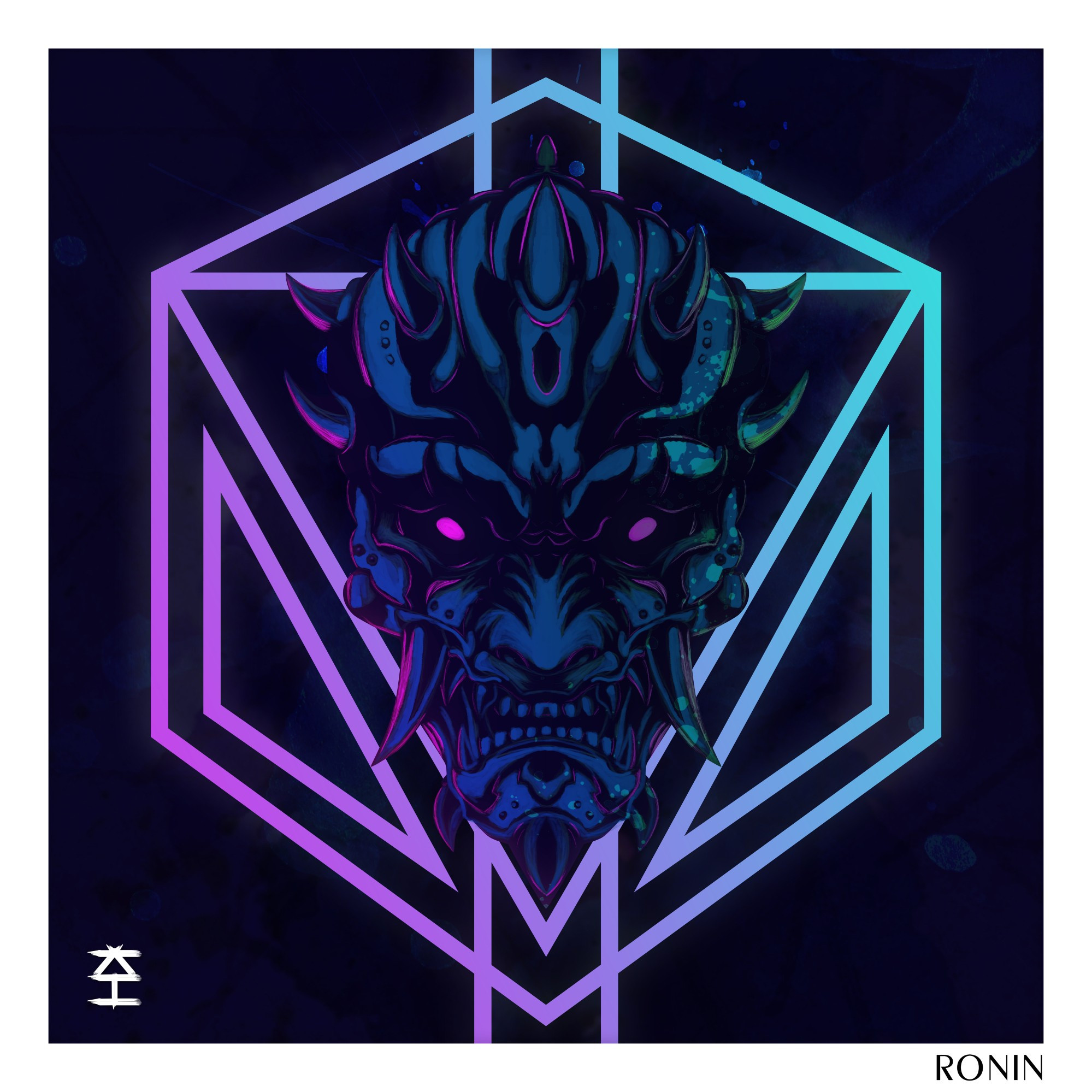 Ronin - Digitally illustrated oni mask in a 'neon' style