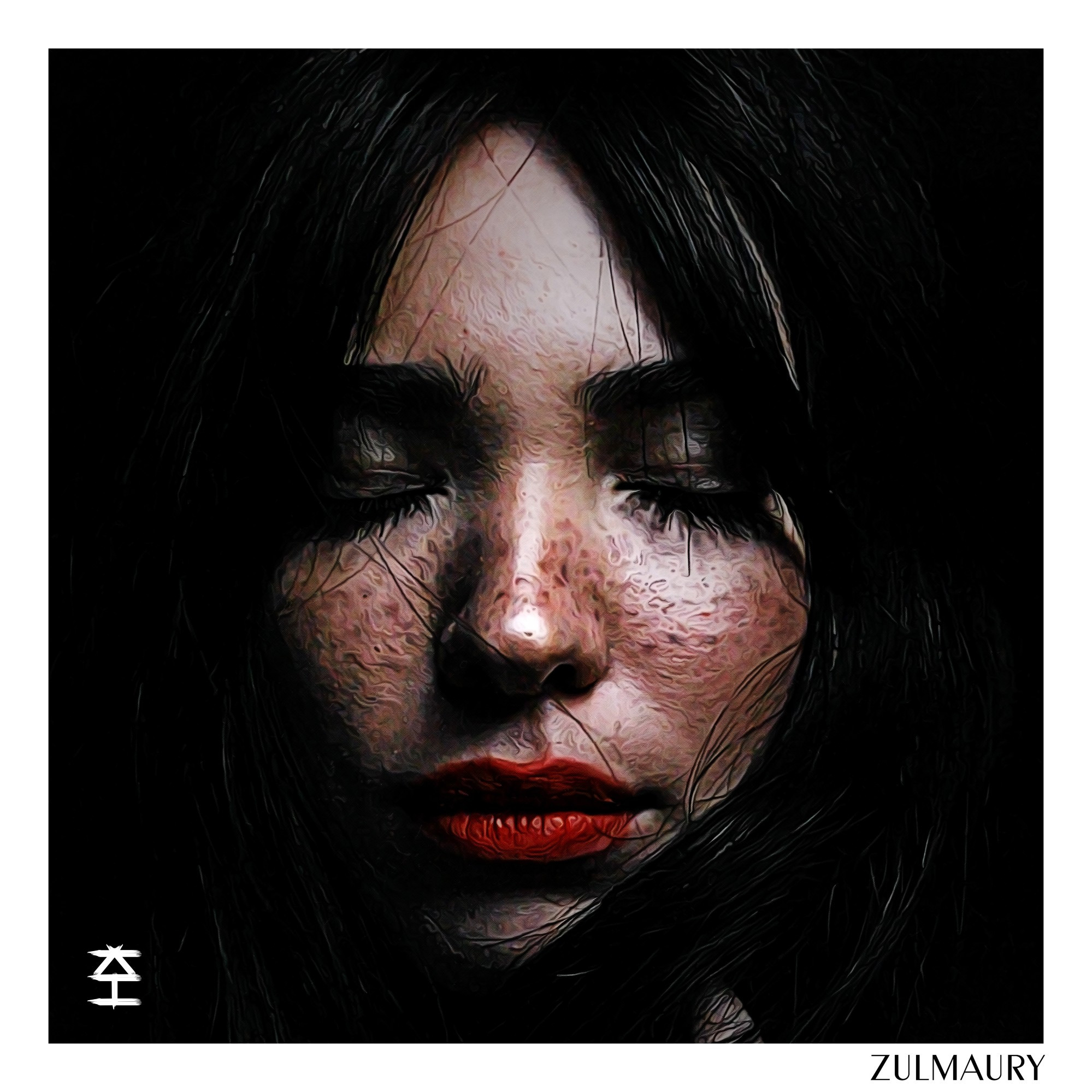 Zulmaury - Digital art of a woman with black hair enshrouded in darkness. Close up portrait with heavy brushstrokes.