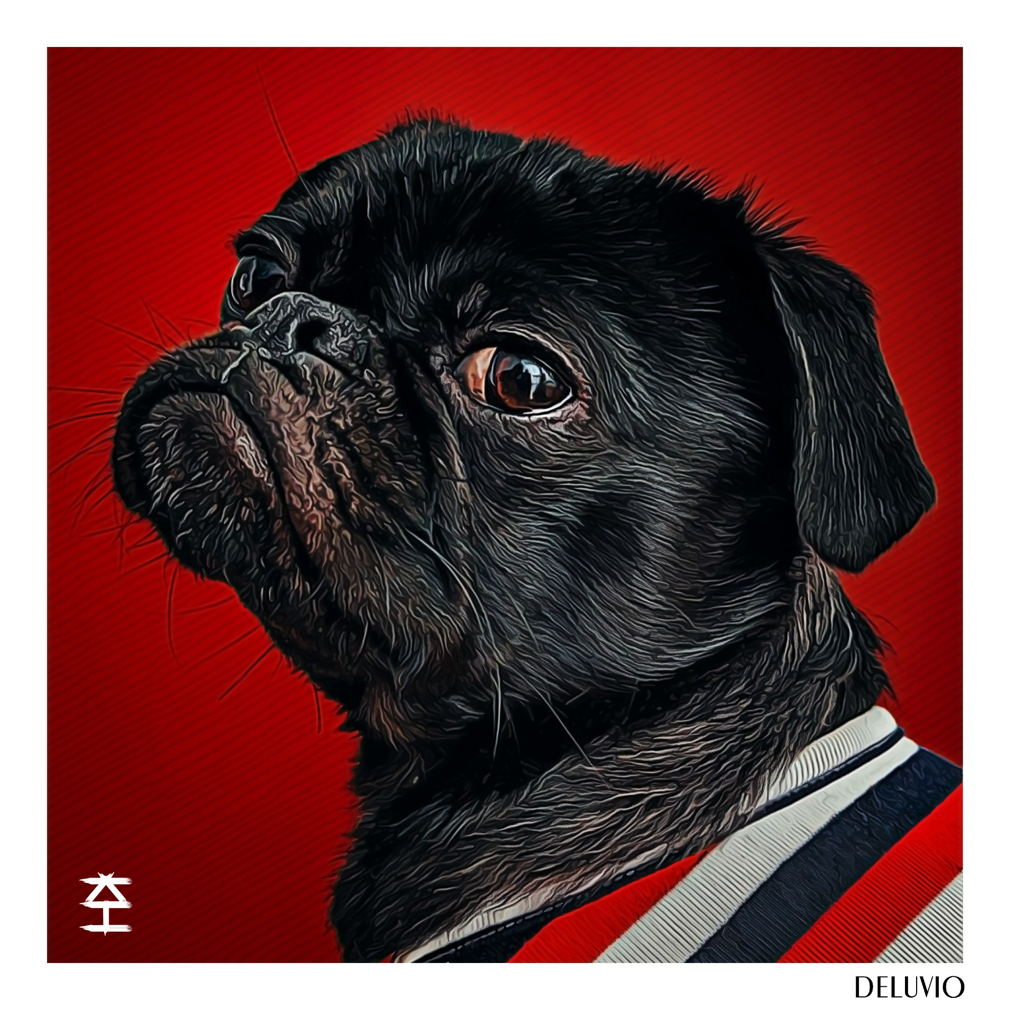 Deluvio - Digital art of a dog on a bright red background, looking at viewer