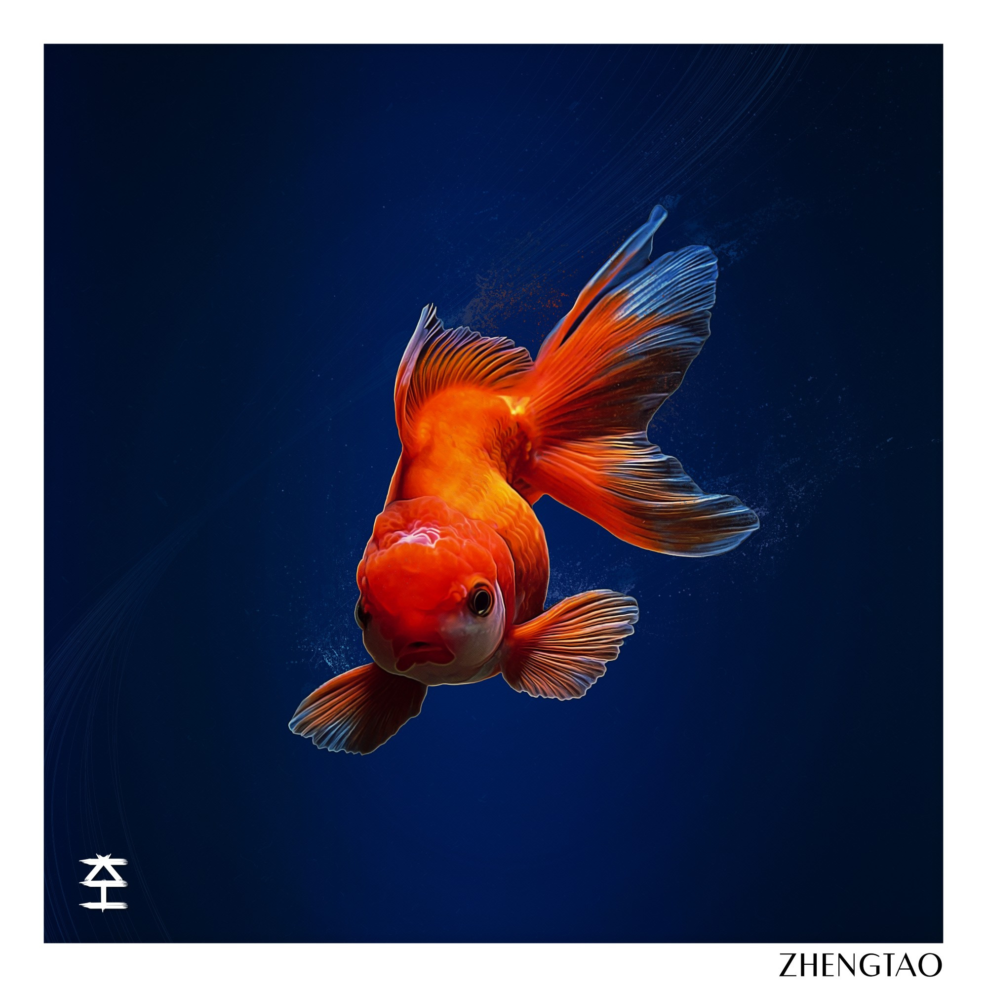 Zhengtao - Digital art of a goldfish in deep blue water with bubbles