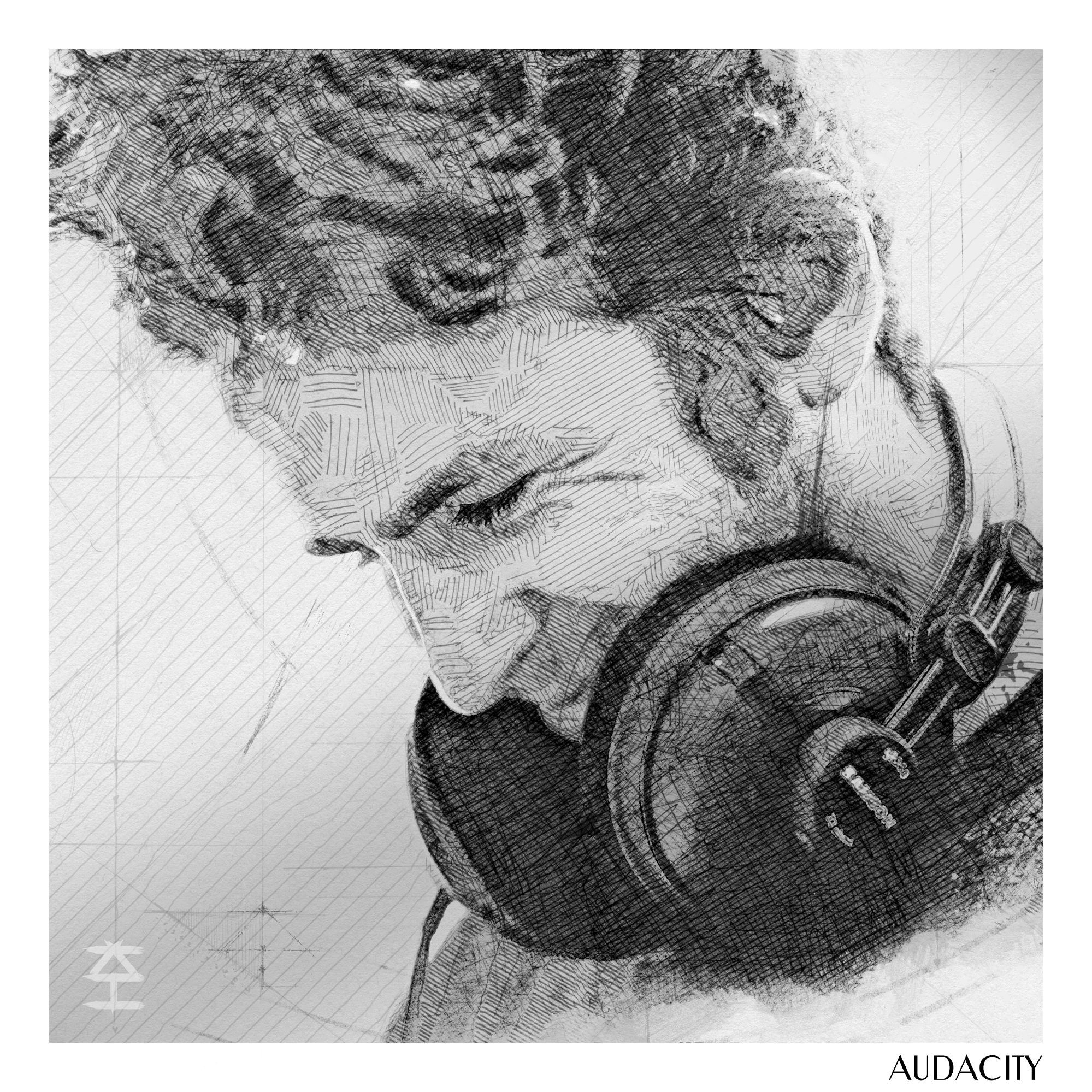 Audacity - Digital art of a man with headphones in a pencil sketch style