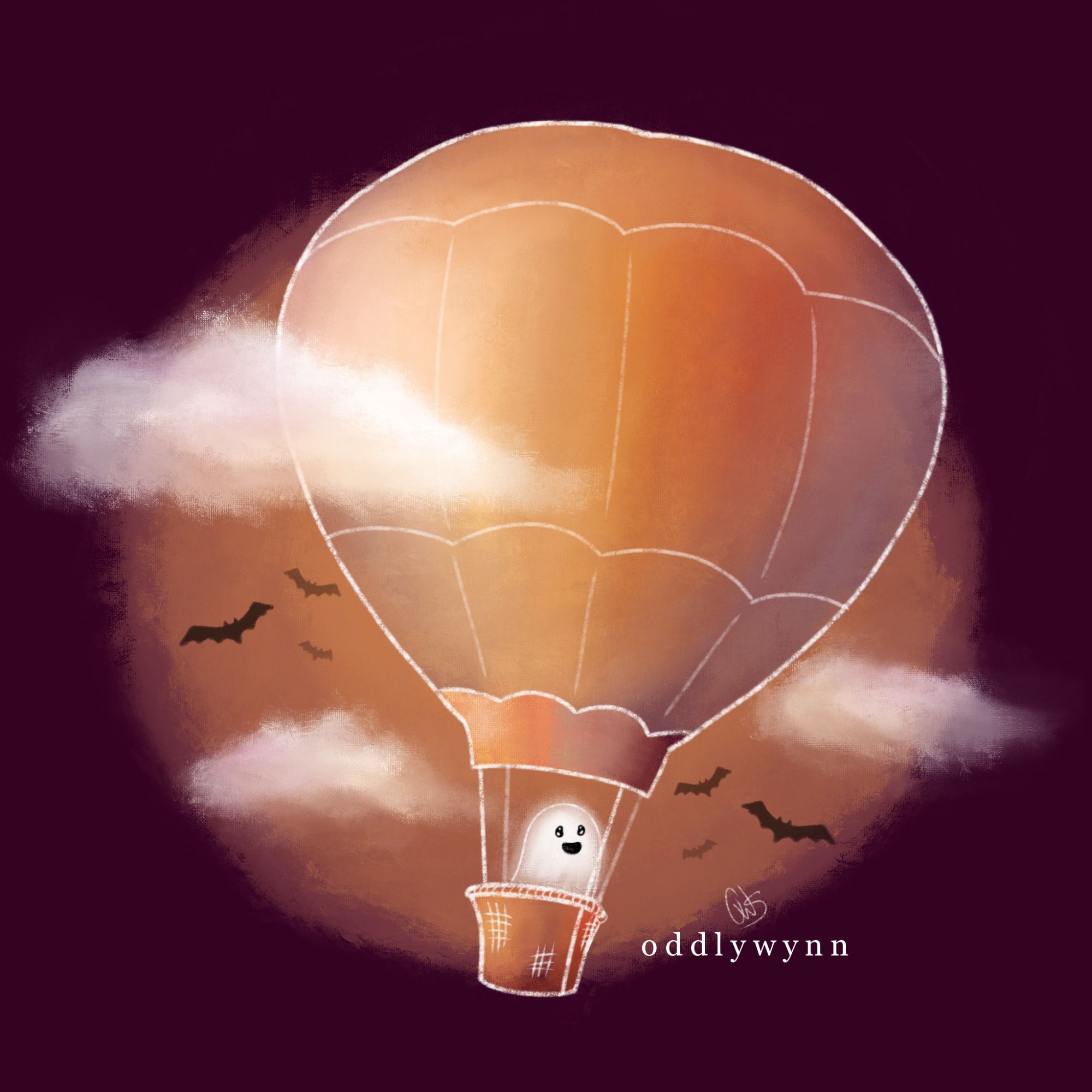 Illustration of a ghost, in the basket of a hot air balloon, looking excited as they fly across a sunset sky. There’s a few wispy clouds, and bats fly in the background.