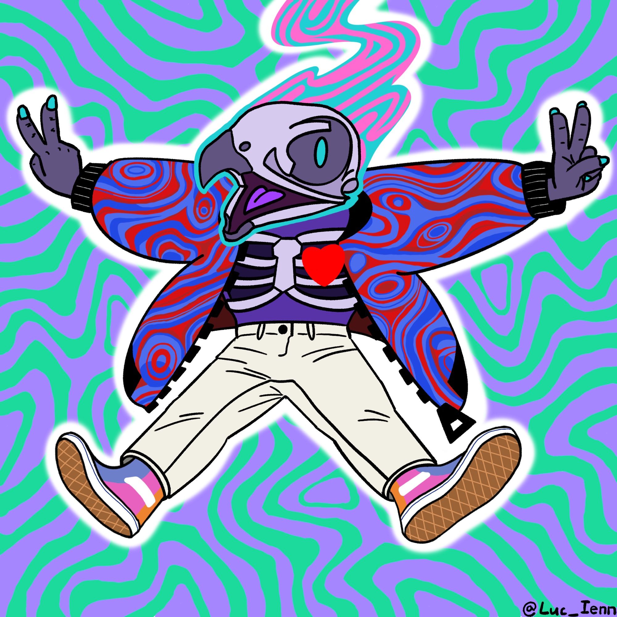 A cartoony illustration of a humanoid character with an exposed ribcage and a falcon skull for a head. Their bones are a light lavender color, and what plumage is visible is purple, their hands a darker purple with cyan nails. A red cartoon heart sits in front of their ribcage on their left side. They wear a large puffy coat that is patterned with a red and blue liquid swirl design. They wear off-white pants and hi-top shoes that show a color-blocked style with pink, orange and light blue. Around their head, a mystical aura swirls off the edge of the image, patterned similarly to the coat with a pink and teal swirl. There is a soft white outline around the entire character, separating them from the green and purple swirl patterned background.