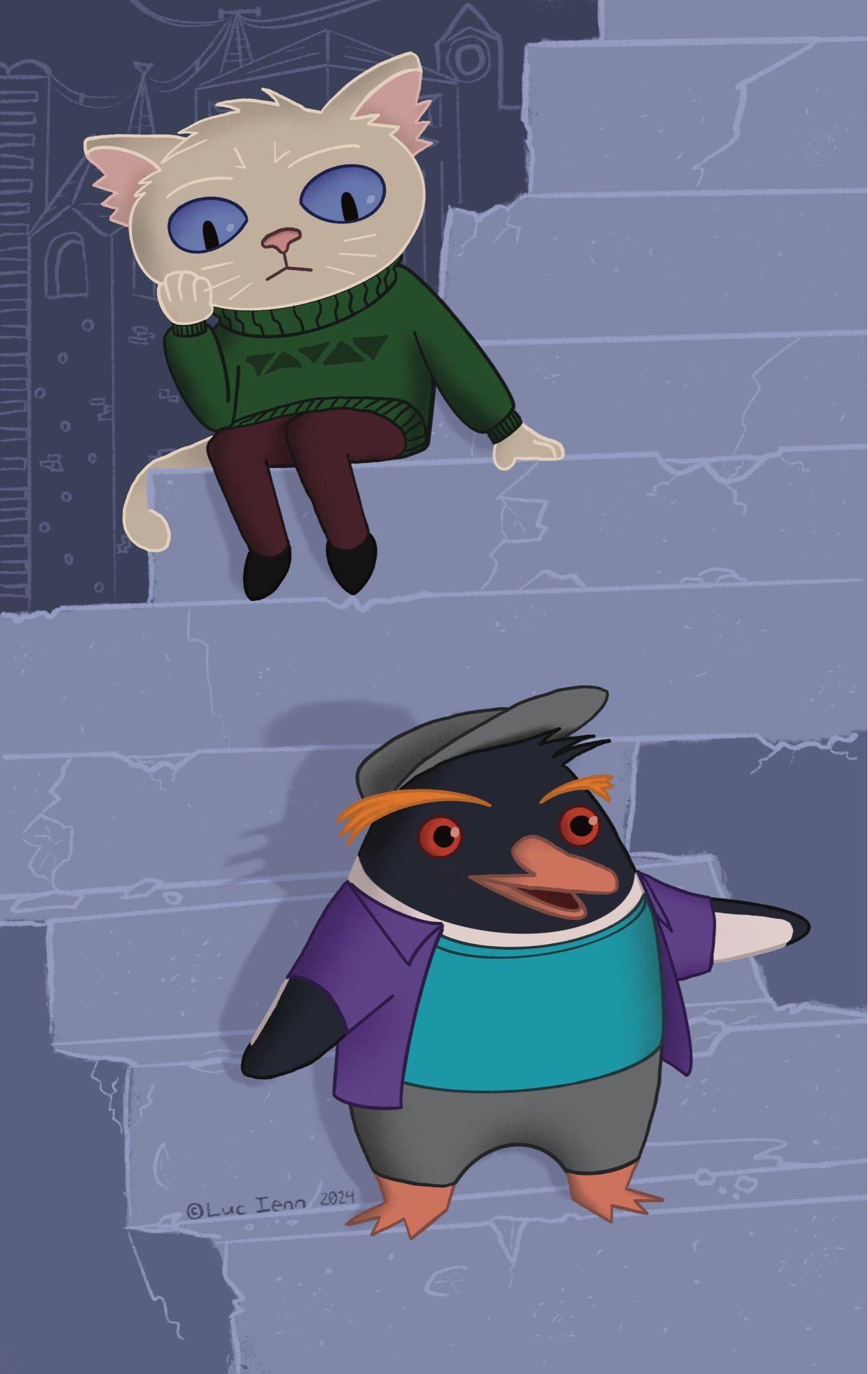 An illustration of a cartoon cat and penguin on a set of blueish concrete stairs. The cat is sitting on the stairs near the top. The cat has cream colored fur with a green sweater and maroon pants. His eyes are blue, and he looks down at the penguin while propping his head up with one paw, balanced on his knee. The penguin is lower on the steps and points out a flipper to something unseen. He has dark grey plumage with some white portions exposed around the neck and flippers. His beak is an orange-pink color, same as his feet. He has red eyes and orange crest feathers that look like eyebrows. He wears a grey hat and pants, a teal shirt and a purple open overshirt on top. In the background behind the cat is a mysterious cityscape with unusual buildings.