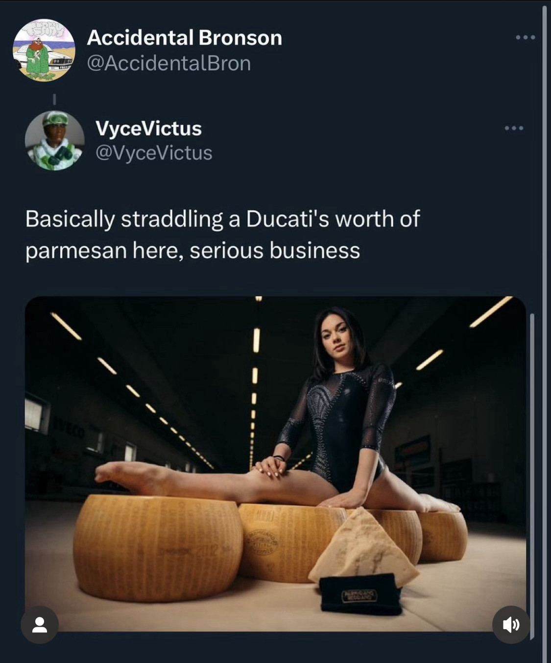 screenshot of a post by @accidentalbronson quoting a post by @vycevictus “basically straddling a ducati’s worth of parmesan here, serious business” with a picture of the italian gymnast who has gone viral due to her sponsorship by parmesan cheese straddling four wheels of parmesan cheese